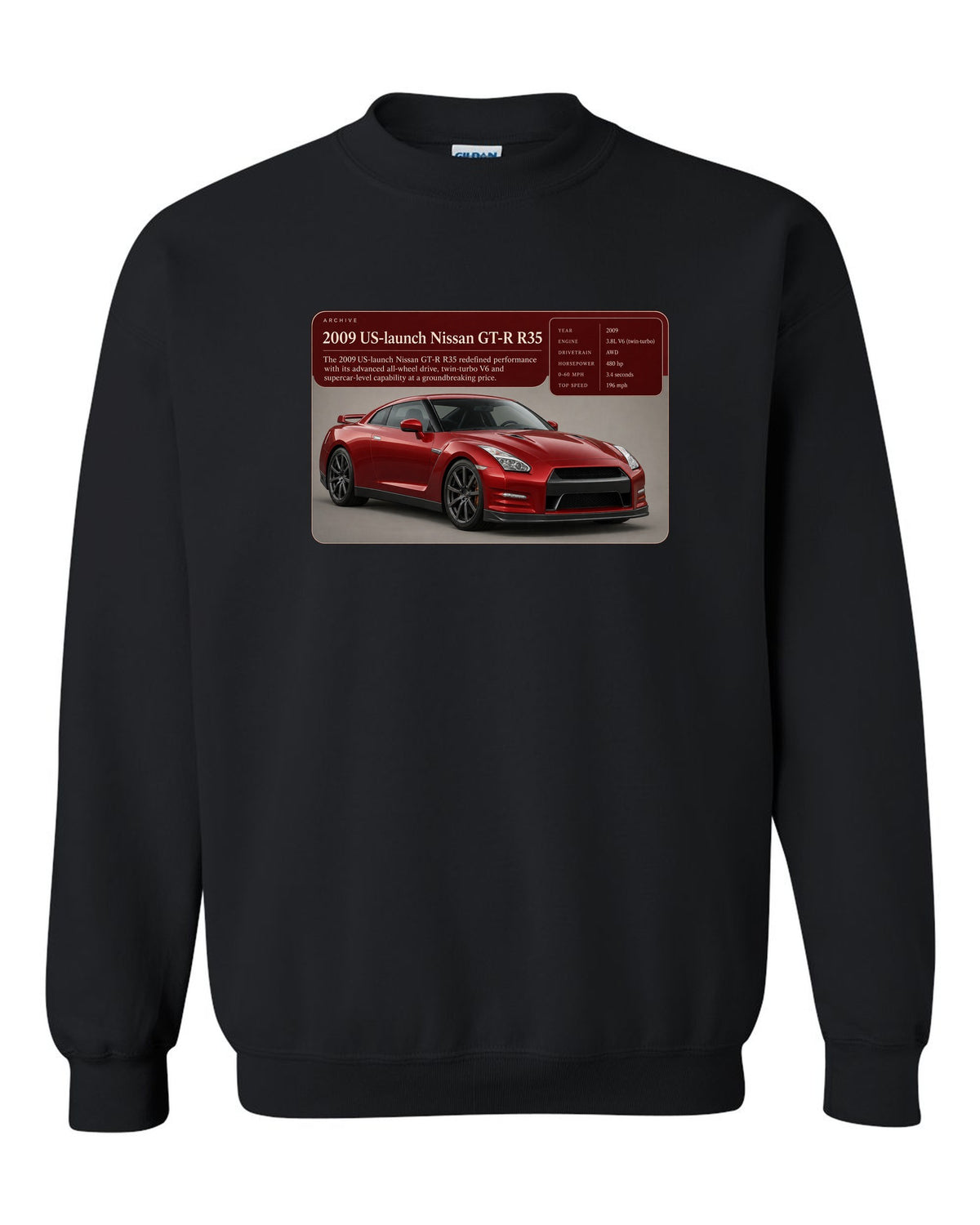 Archive panel print of a deep red 2009 US launch Nissan GT-R R35 black crewneck front view with the design