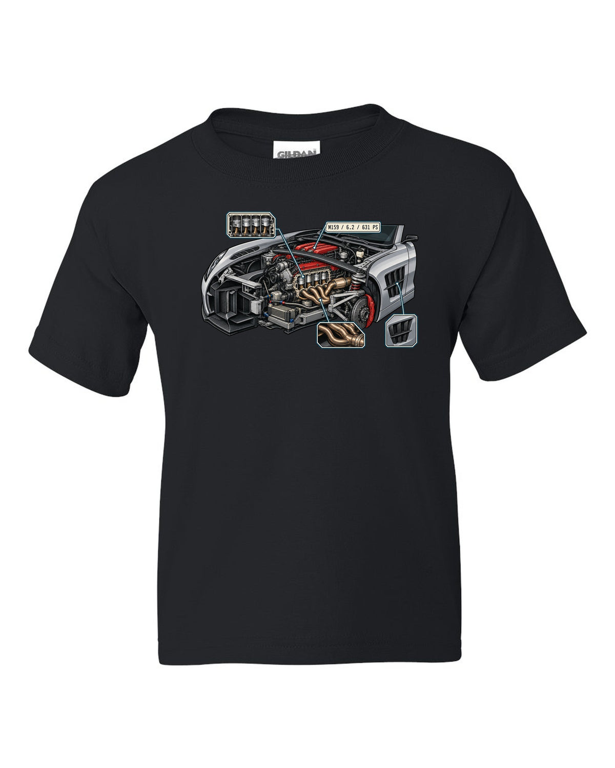 Technical blueprint line art of a Mercedes G-Class W463 with 2,850 mm note, print black kids tee front view with the design