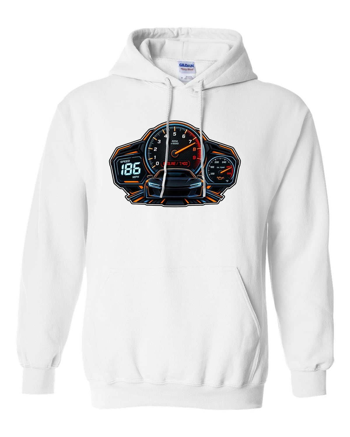 Gauge cluster HUD illustration for a Toyota GR86 ZN8 with Redline 7,400 lettering white pull over hoodie front view with the design