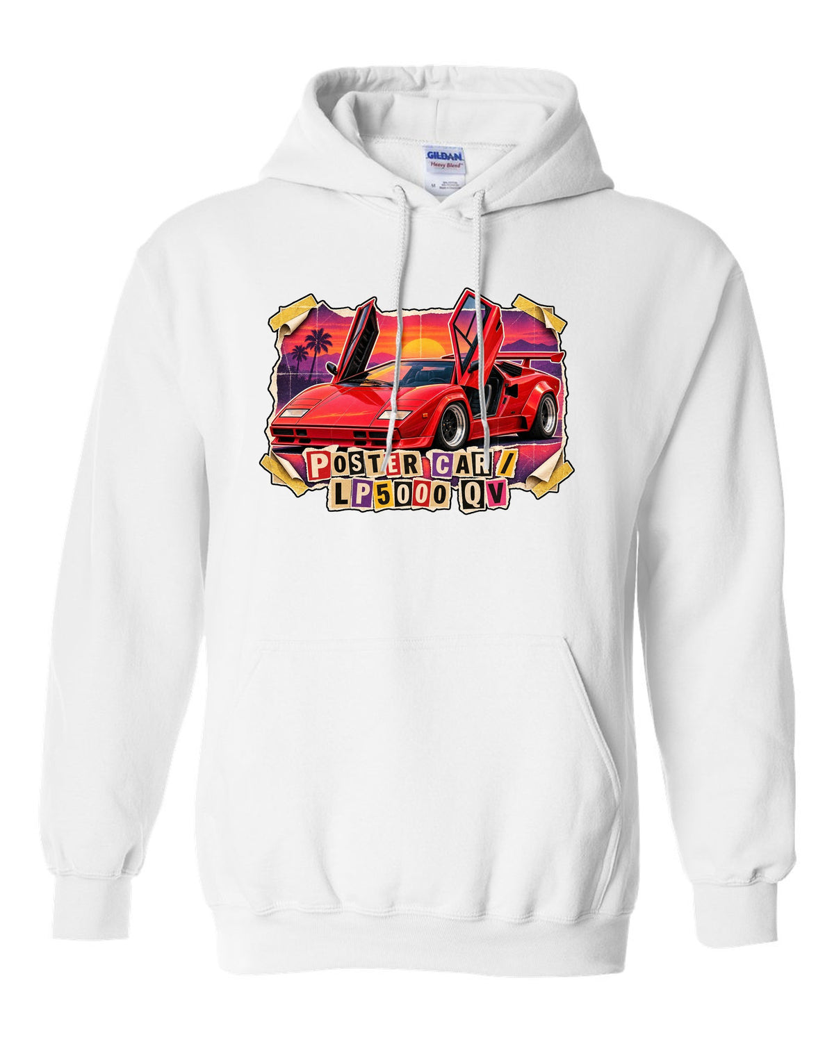 Magazine-cutout collage of a Lamborghini Countach LP5000 QV styled as a pull-out poster car white pull over hoodie front view with the design
