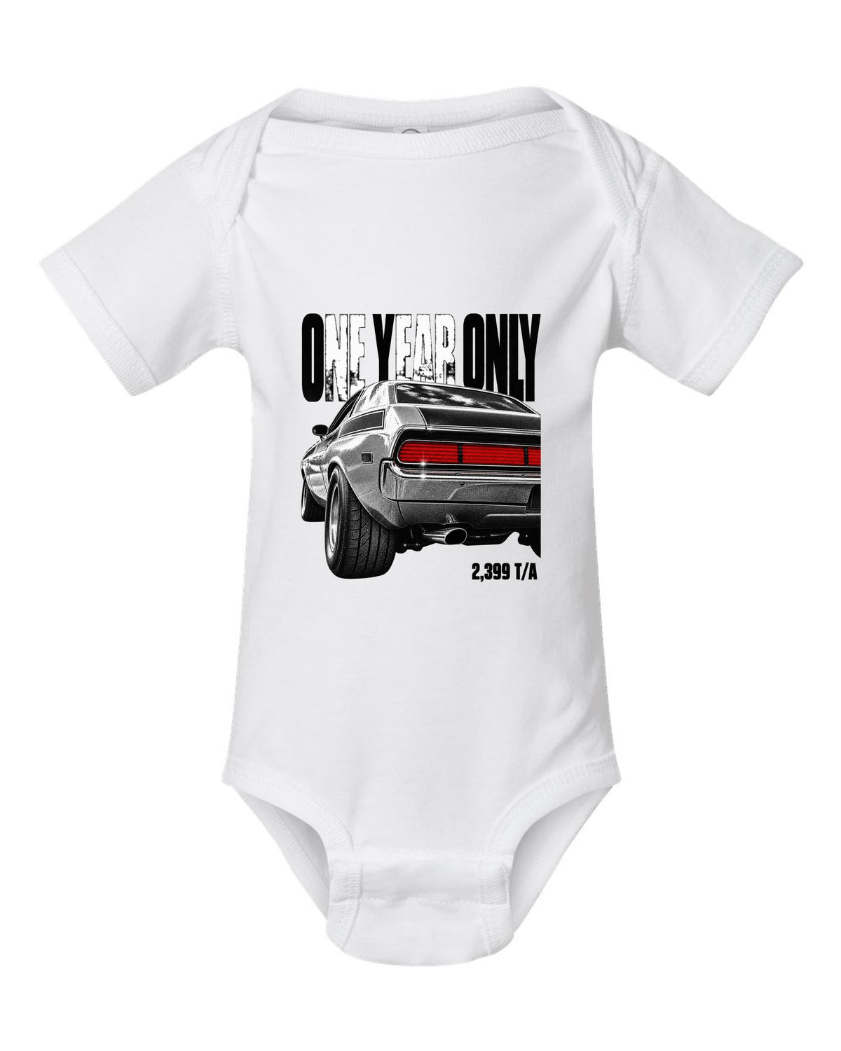 Taillight macro print of a 1970 Dodge Challenger T/A with one year only 2,399 T/A text white baby onesie front view with the design