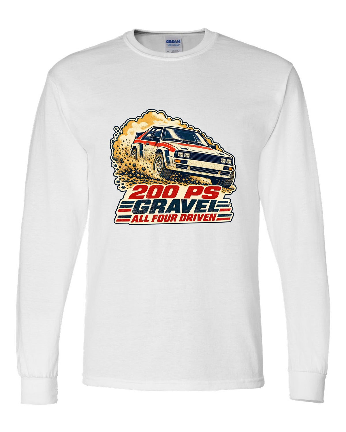 Vintage rally poster screenprint print of an Audi Ur-Quattro Type 85 on gravel white long sleeve front view with the design
