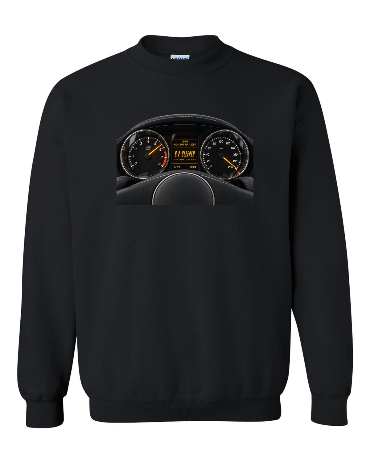 print cockpit gauge of a Mercedes W211 E63 M156 with text 507 HP, 2007, 6.2 sleeper black crewneck front view with the design