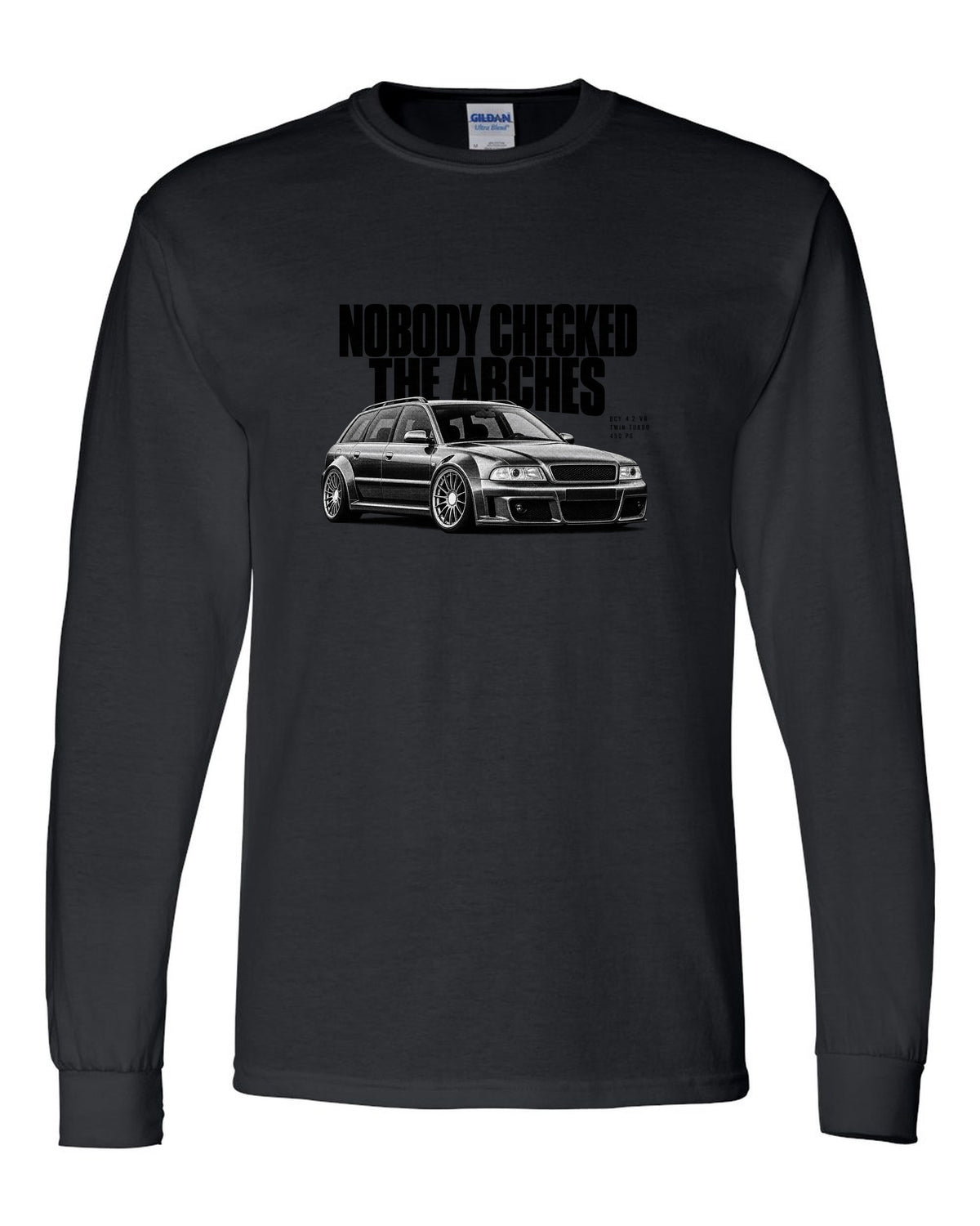 Audi RS6 Avant C5 4B front three-quarter in halftone with arches text black long sleeve front view with the design