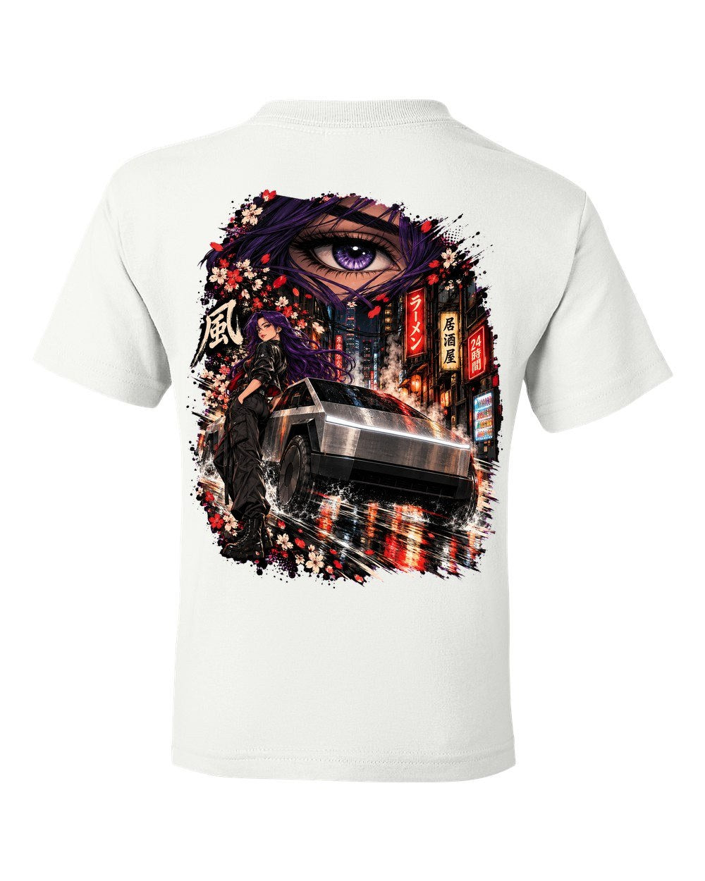 Tesla Cybertruck Anime Girl Kids Tee White back