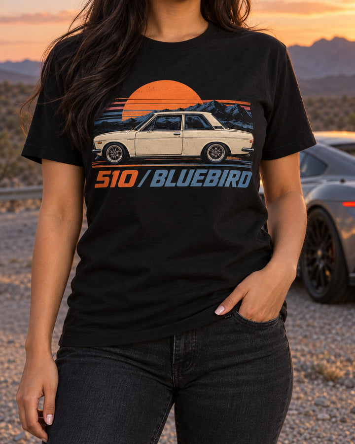 Datsun 510 Bluebird Riso Box Print Shirt, Car Guy Tee T-Shirt Black worn hero