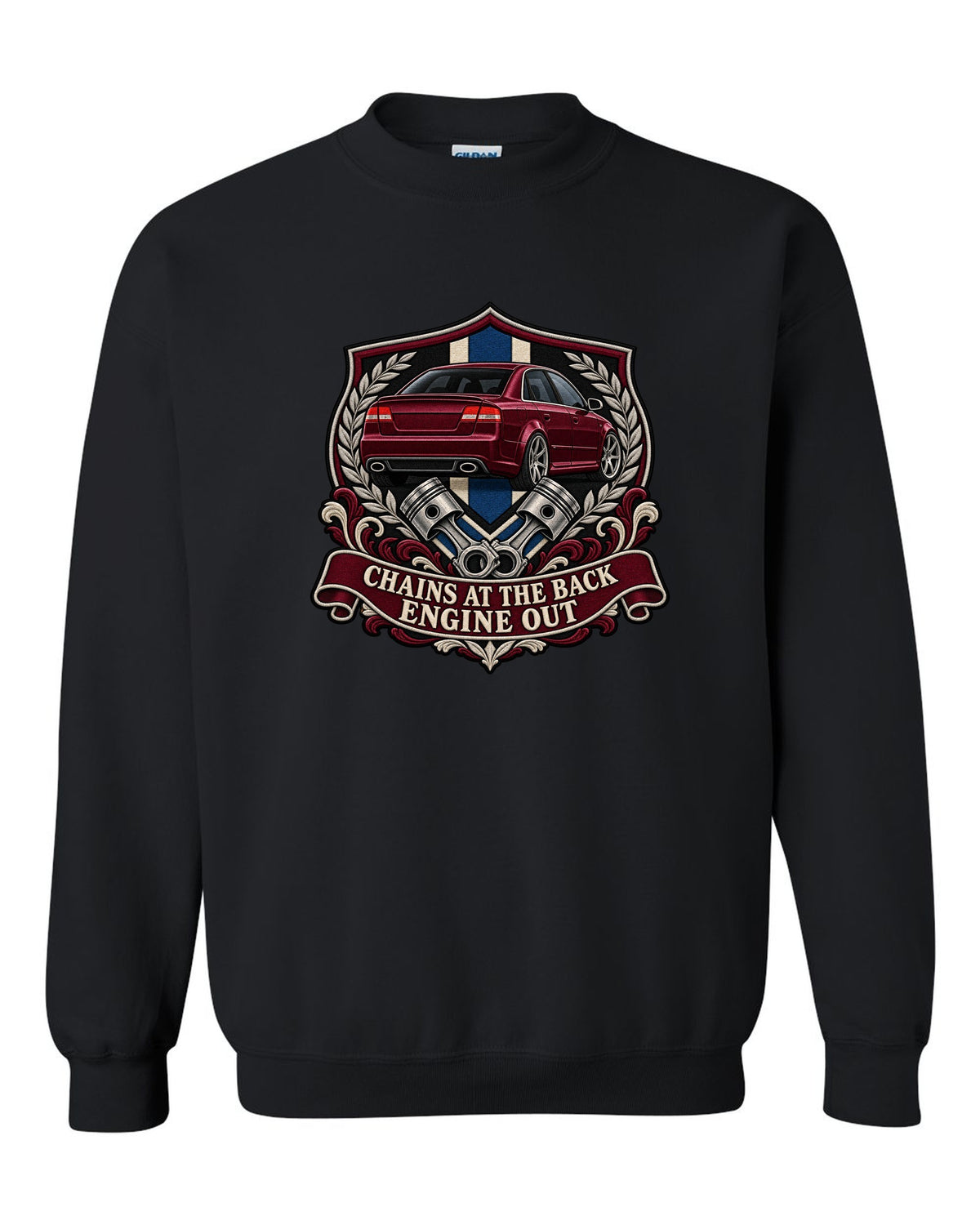 Varsity seal print of an Audi S4 B7 sedan with Engine Out text black crewneck front view with the design