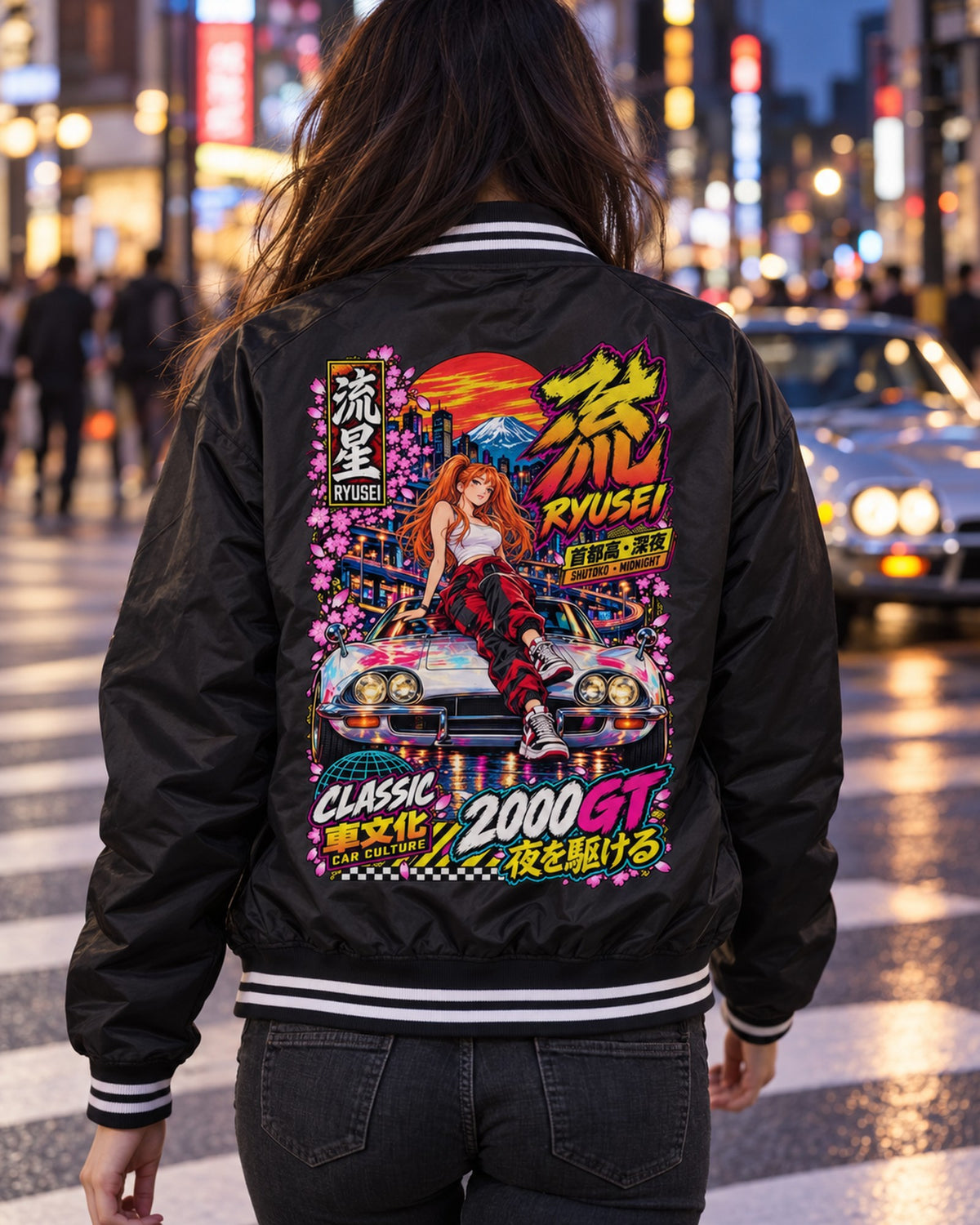 RYUSEI 2000GT Anime Girl Full-Back Graphic Tee Bomber Jacket Black worn hero