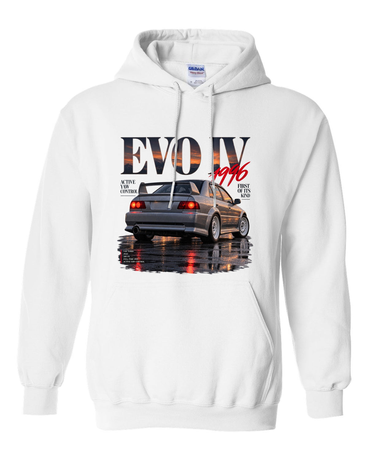 Editorial headline print for the Mitsubishi Lancer Evolution IV CN9A reading Active Yaw Control, first of its kind, 1996 white pull over hoodie front view with the design