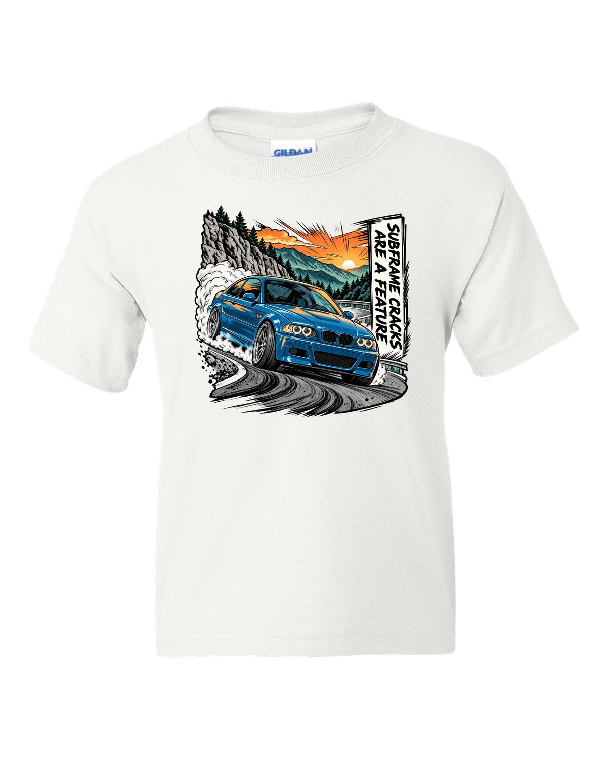Retro manga halftone panel illustration of a BMW E46 M3 coupe on a mountain pass white kids tee front view with the design