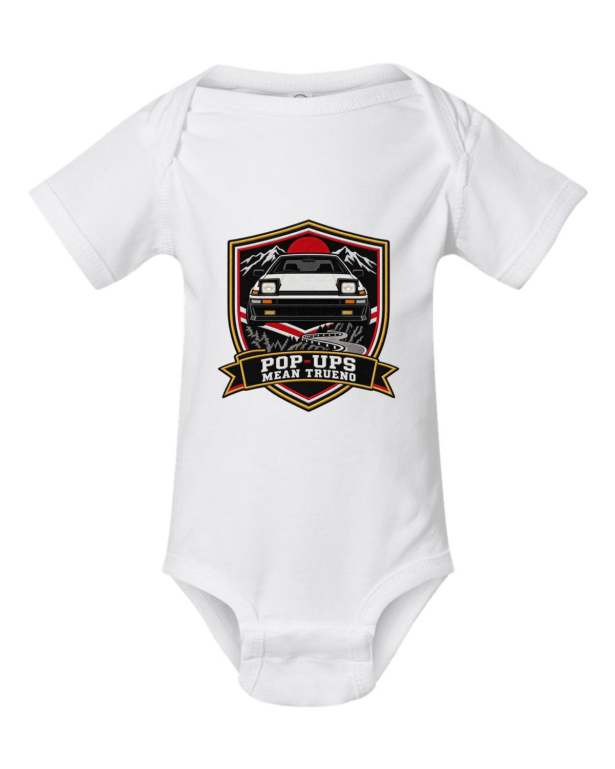 Embroidery varsity crest print of a Toyota Sprinter Trueno AE86 with Pop-Ups lettering white baby onesie front view with the design