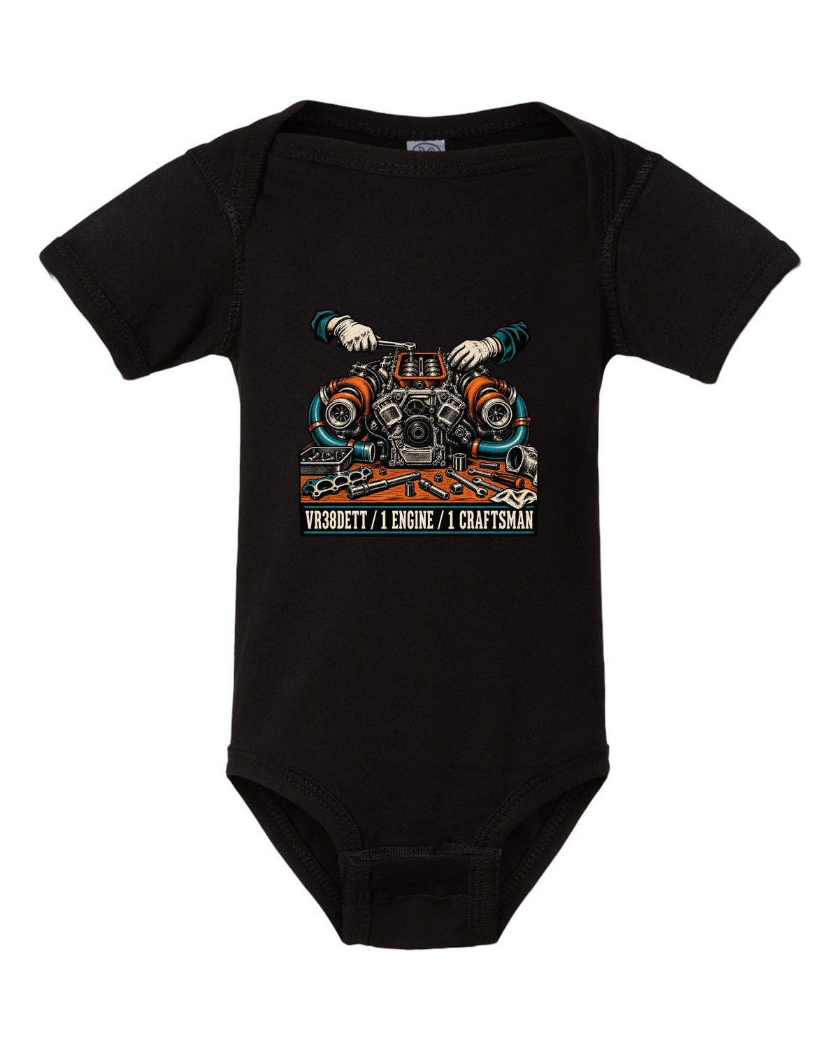 Linocut block-print back design of a Nissan GT-R R35 with VR38DETT engine text black baby onesie front view with the design