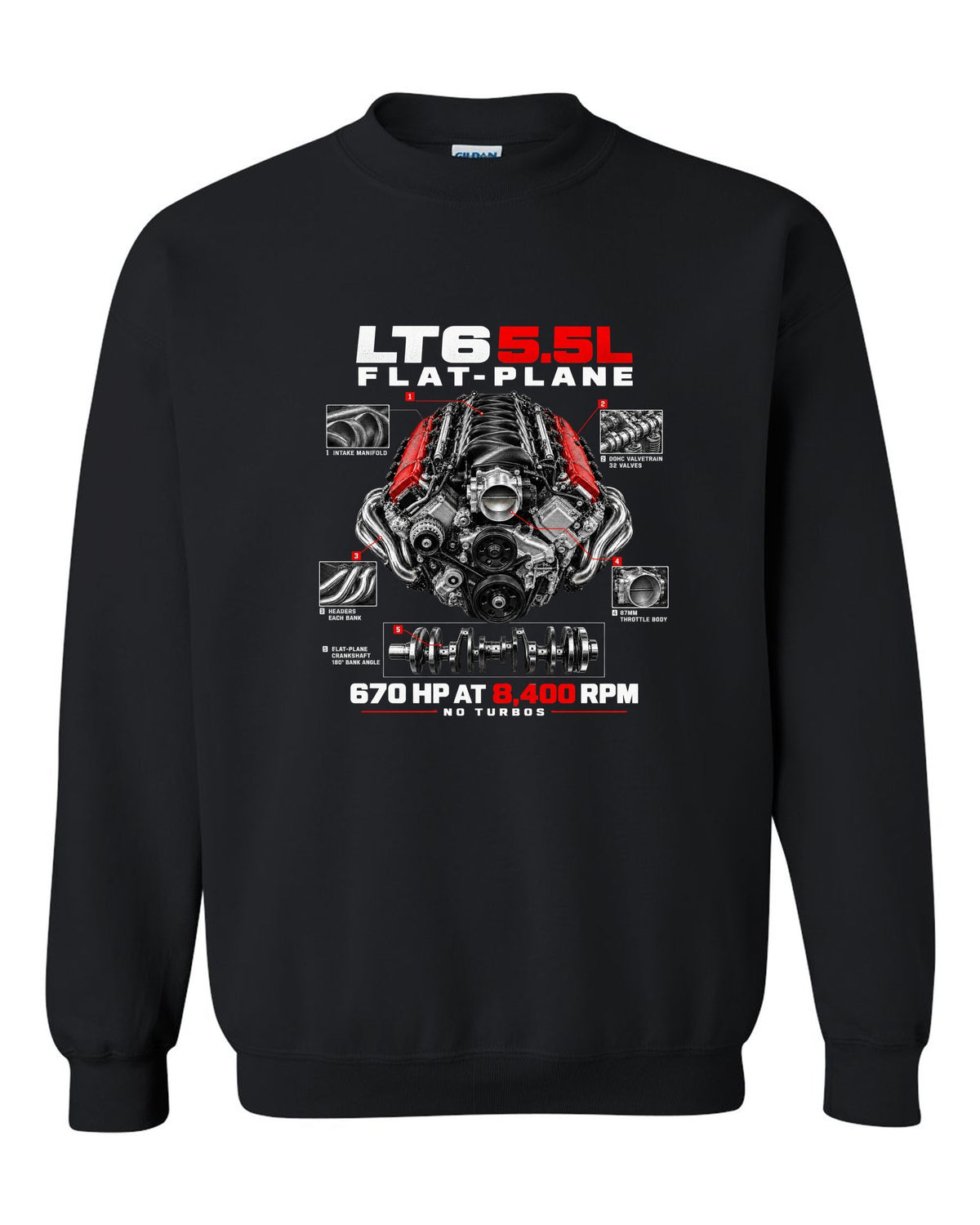 Corvette C8 Z06 LT6 5.5L flat-plane engine with central exhaust tips black crewneck front view with the design