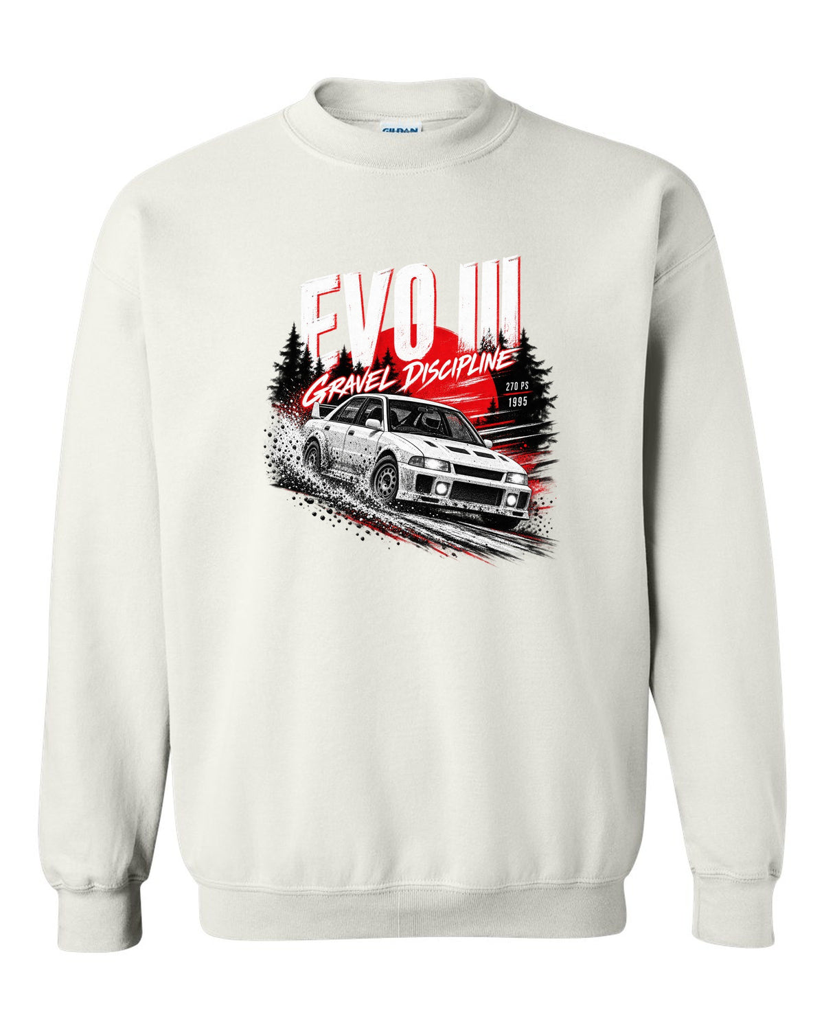 Night gravel road print for the Mitsubishi Lancer Evolution III CE9A reading Gravel Discipline, 270 PS, 1995 white crewneck front view with the design