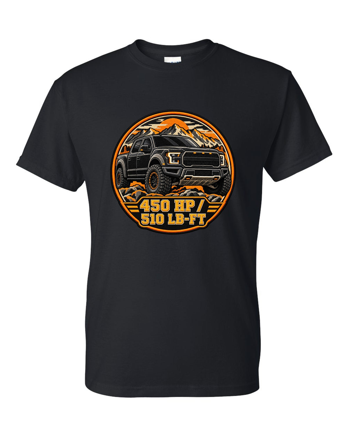 Varsity crest print for a 2017-20 Gen 2 Ford F-150 Raptor P552 with 450 hp text black t-shirt front view with the design