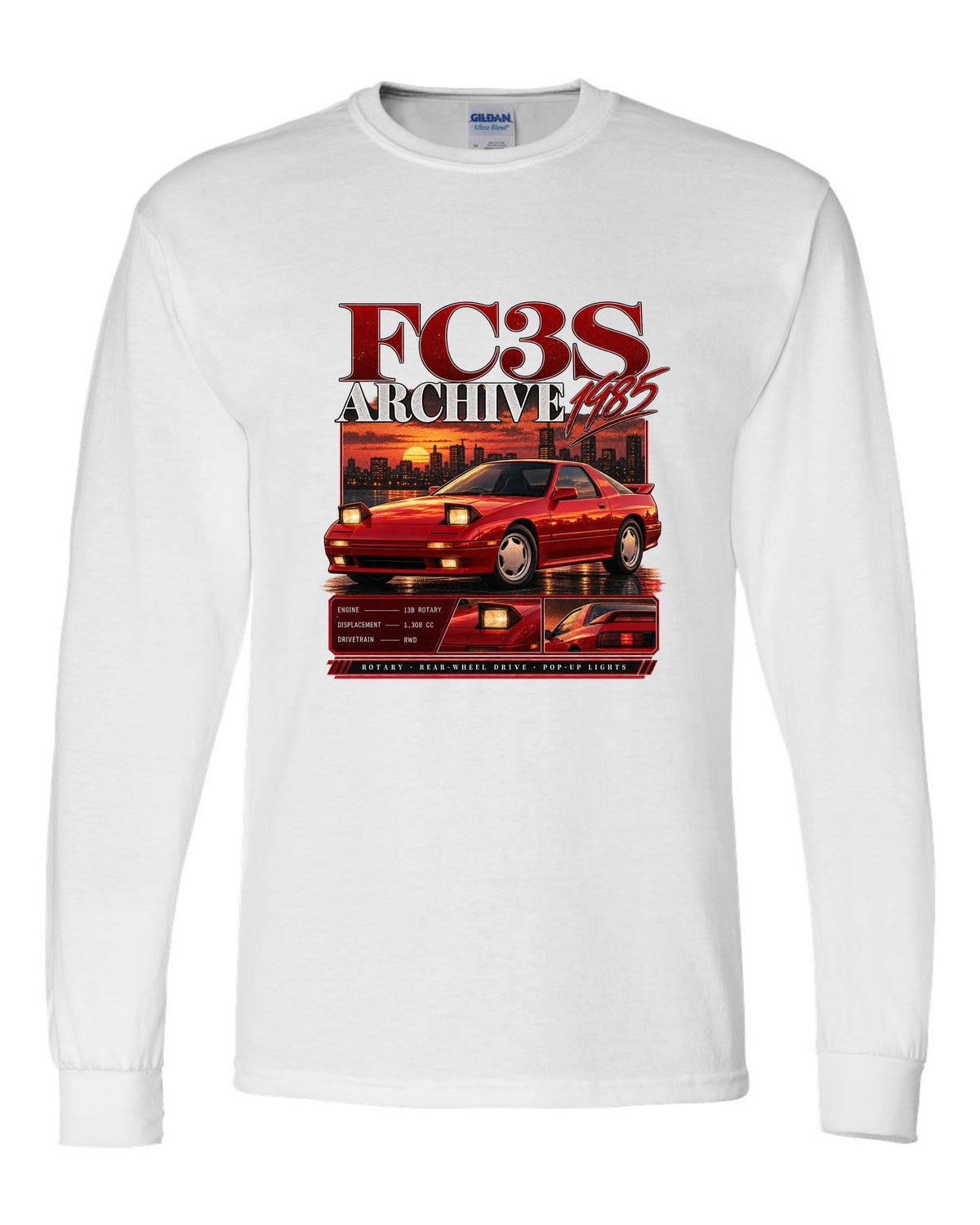 Archive panel print of a Mazda RX-7 FC3S with 13B rotary specs white long sleeve front view with the design