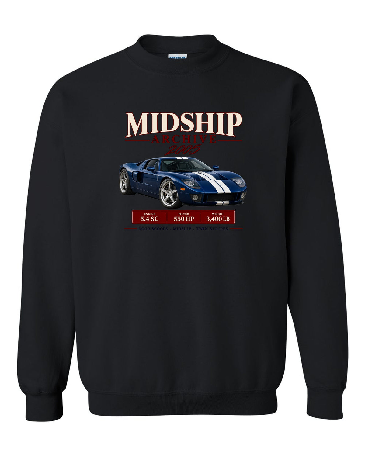 Ford GT 2005-06 midship archive panel print with door scoops, 5.4 SC and 550 HP black crewneck front view with the design
