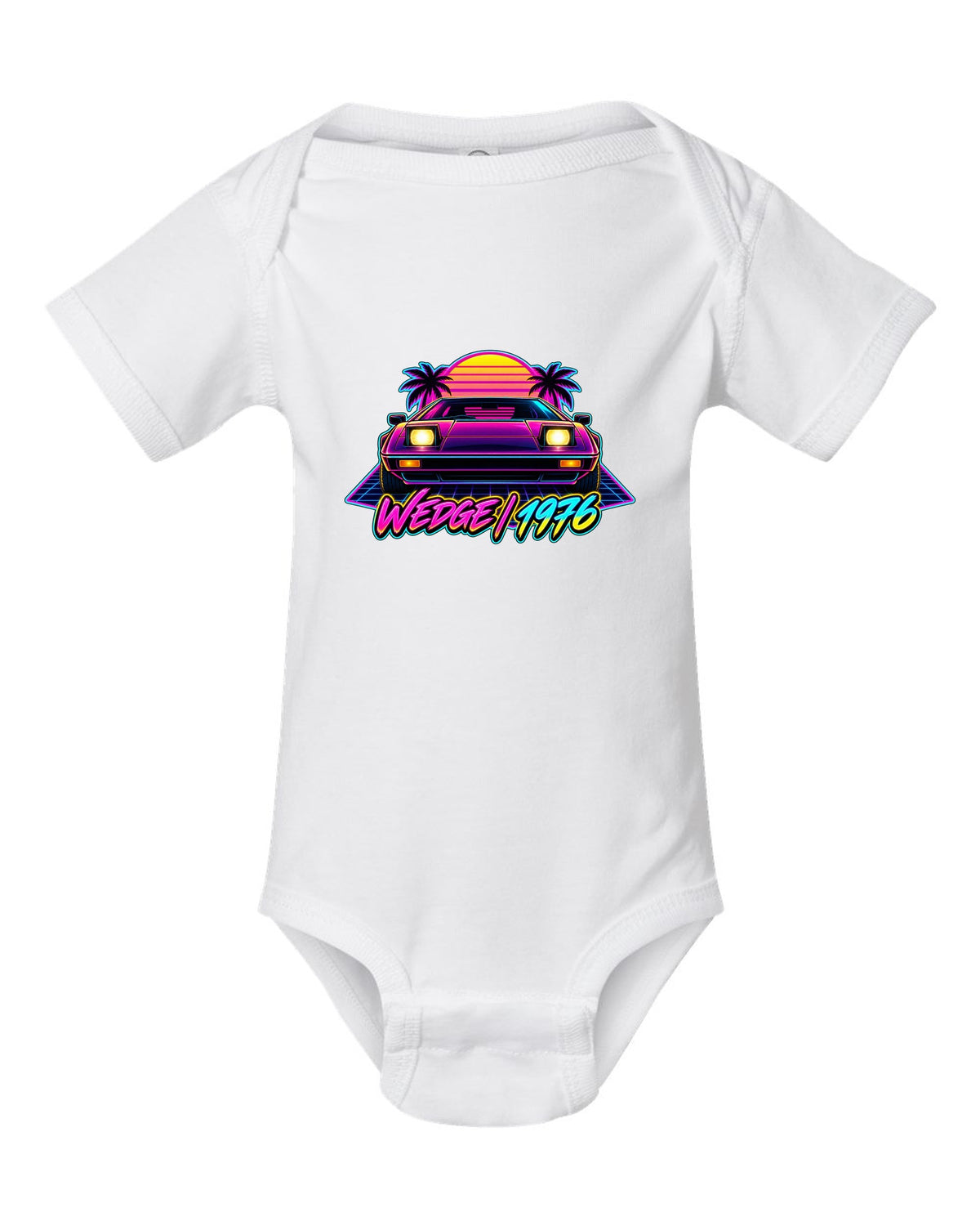 Lotus Esprit 1976 wedge in synthwave neon with WEDGE 1976 lettering white baby onesie front view with the design