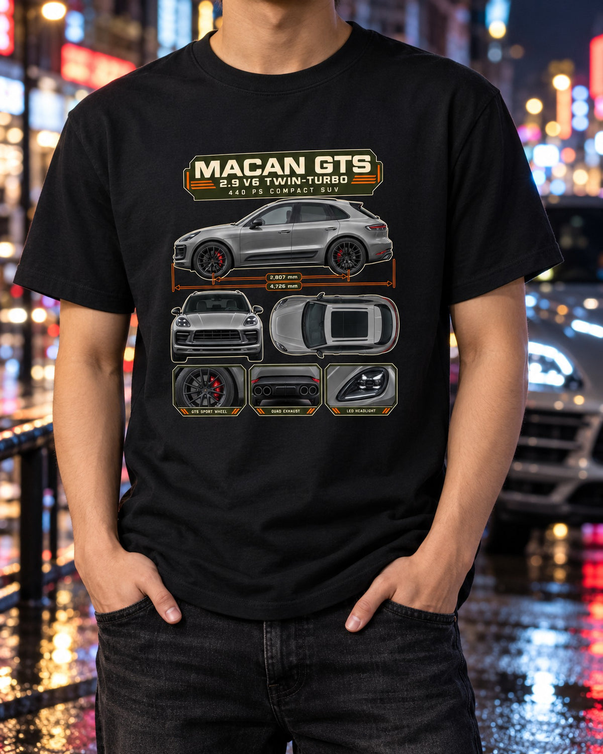 Porsche Macan GTS 95B Dossier Tee, 2.9 V6 Twin-Turbo Shirt T-Shirt Black worn hero