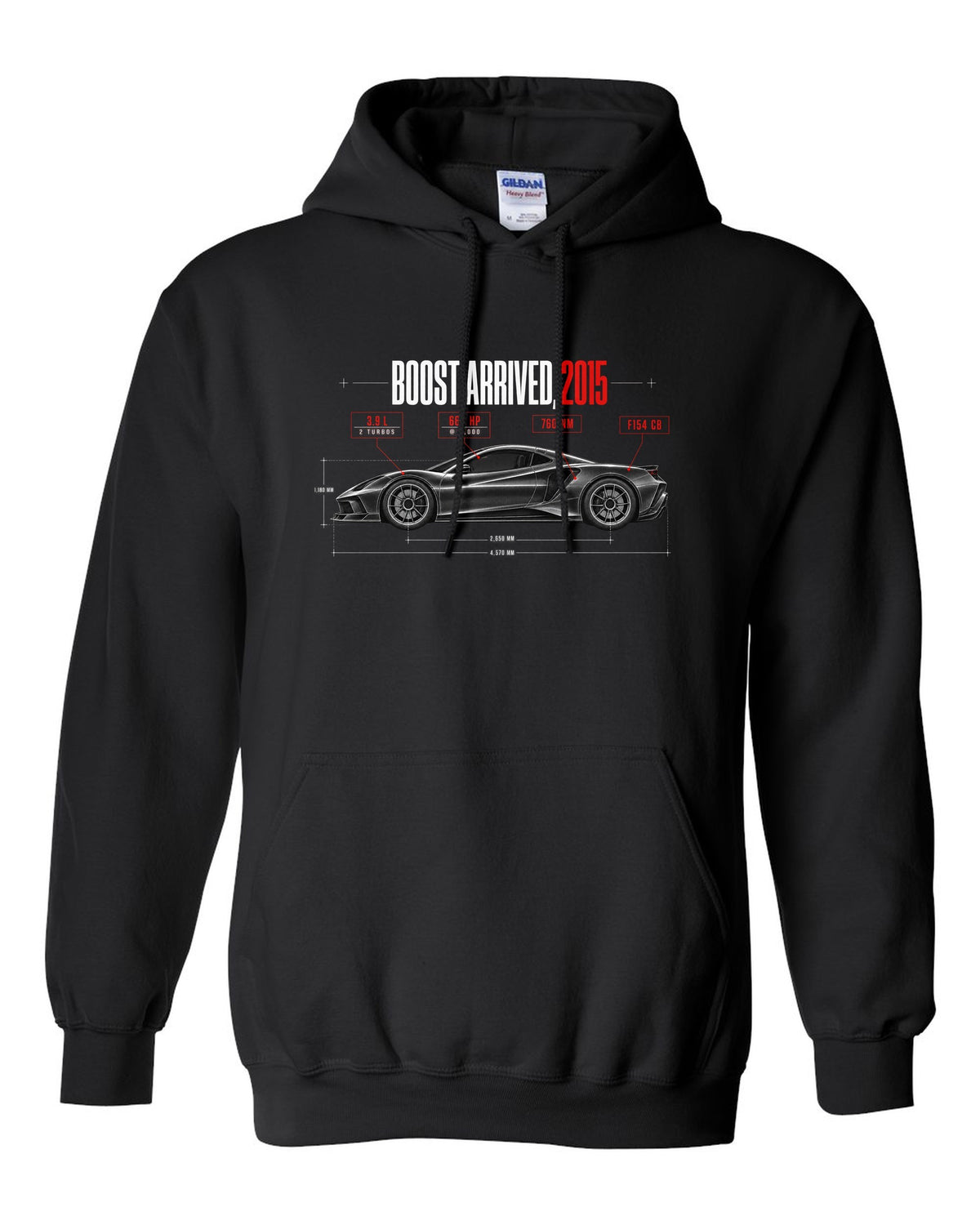 Spec poster print of a Ferrari 488 GTB F154 CB with Boost Arrived 2015, 3.9 L, 660 hp, 760 Nm black pull over hoodie front view with the design