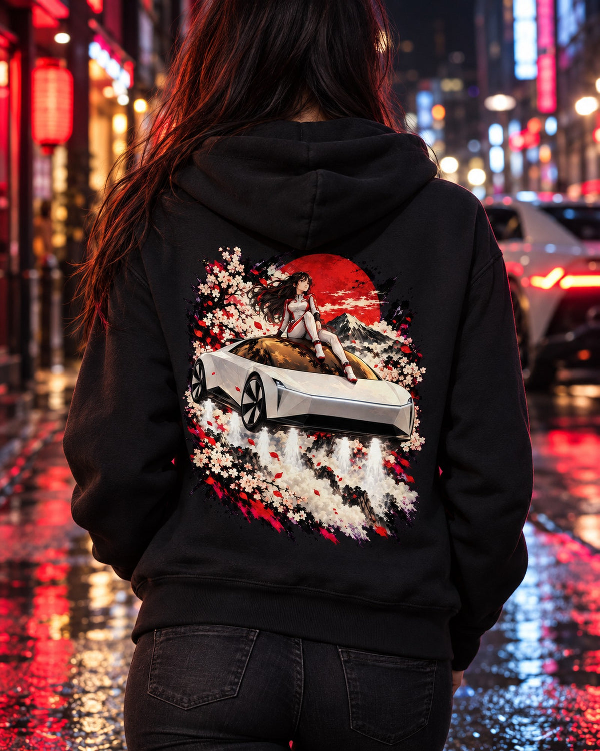 Tesla Roadster Rooftop Anime Girl Shirt, Hoodie & More Zip Hoodie Black worn hero