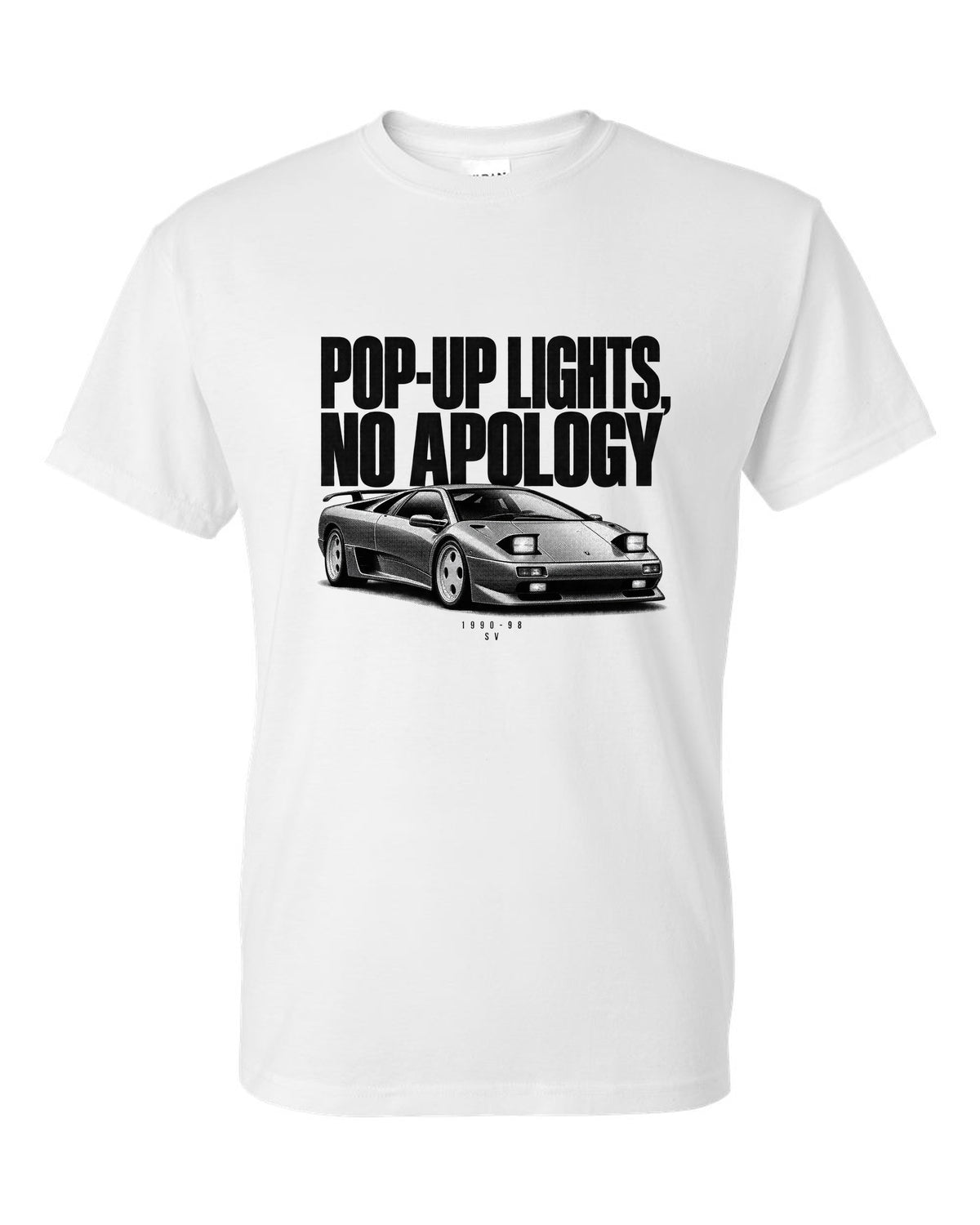 Halftone print of a Lamborghini Diablo SV with pop-up lights no apology text white t-shirt front view with the design
