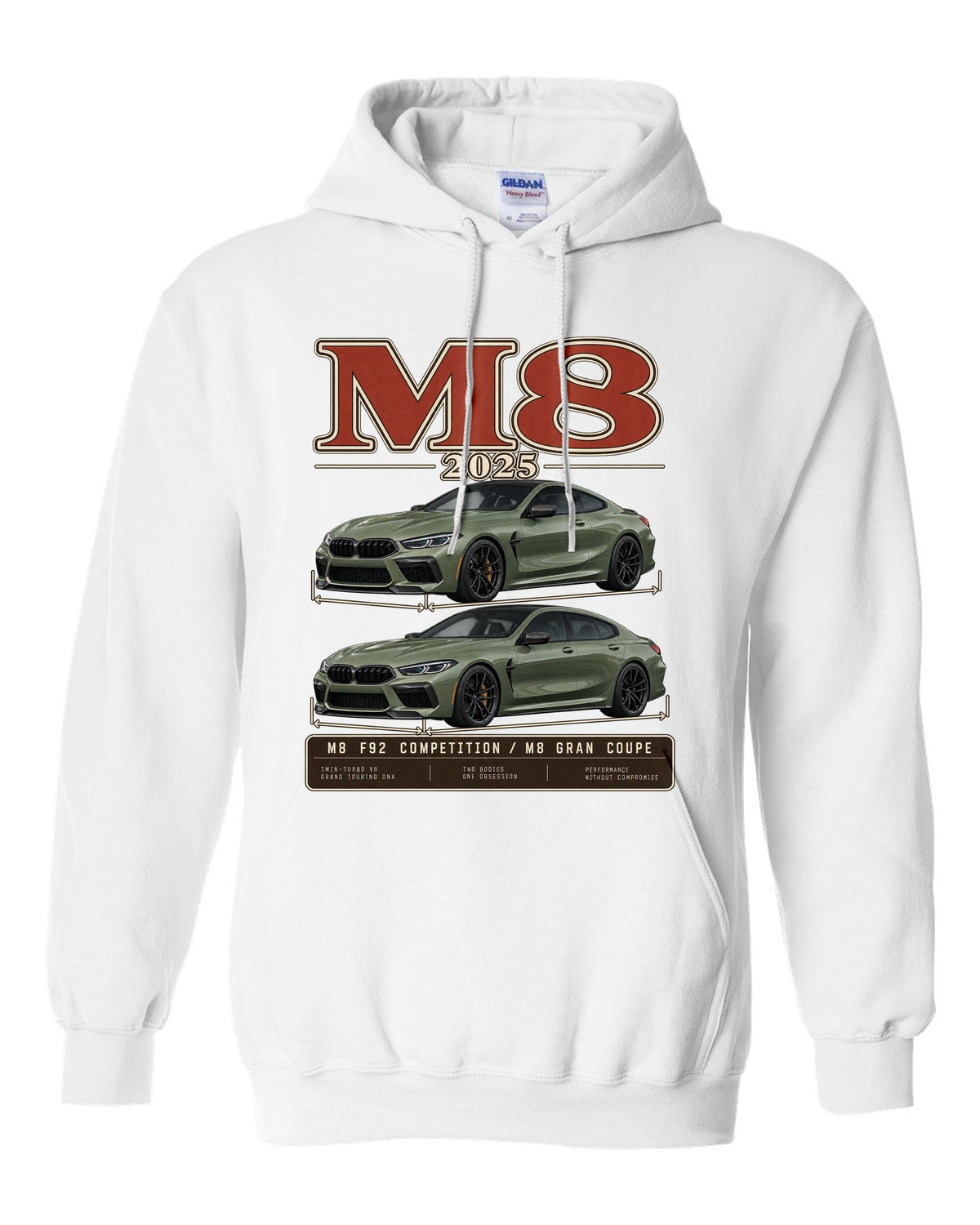 BMW M5 Touring 2025 archive panel print on a tee white pull over hoodie front view with the design