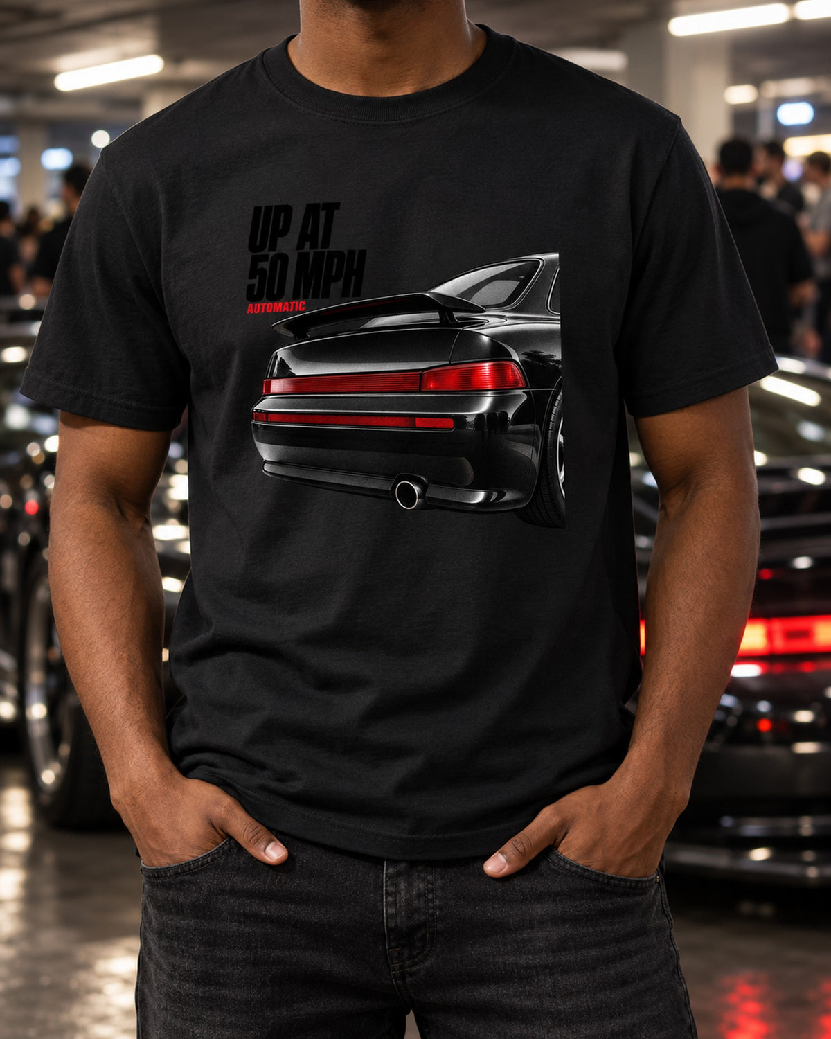Porsche 911 Carrera 2 964 Spoiler Detail Shirt, Up At 50 MPH T-Shirt Black worn hero