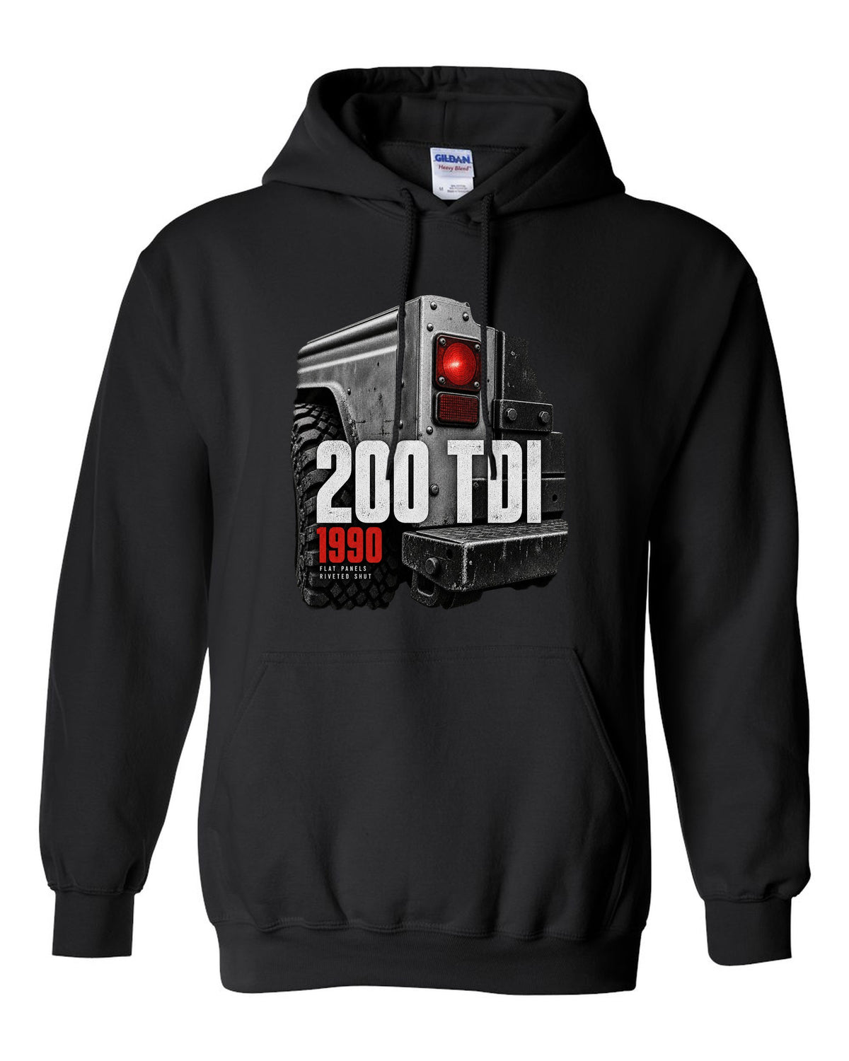 Land Rover Defender 200 Tdi taillight and riveted panel macro print black pull over hoodie front view with the design