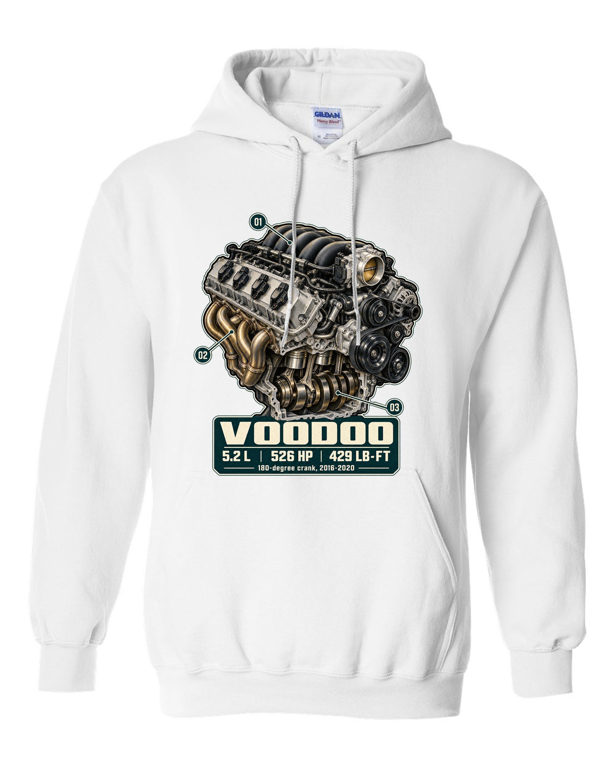 Ford Mustang S550 Shelby GT350 Voodoo 5.2 L engine hero print white pull over hoodie front view with the design