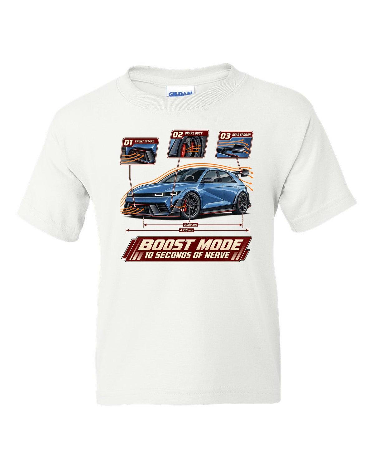 Hyundai Ioniq 5 N aero cutaway callouts print white kids tee front view with the design
