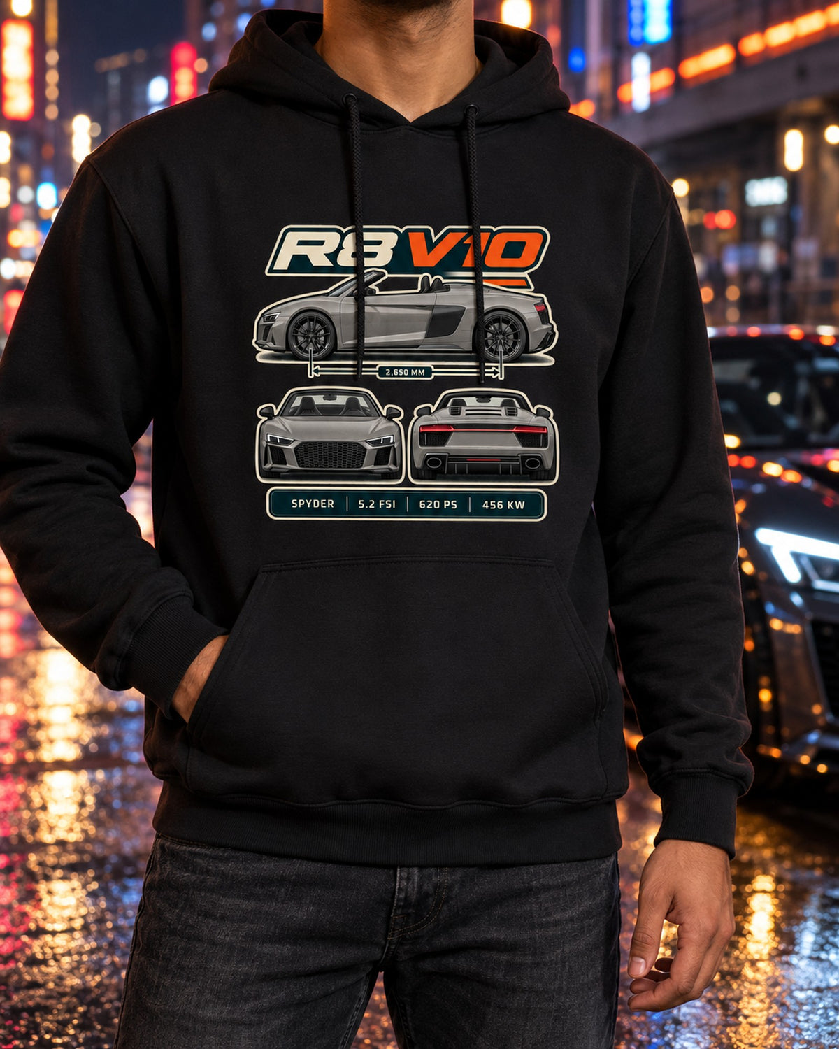 Audi R8 Spyder V10 Performance Three-View Spec Table Shirt Pull Over Hoodie Black worn hero