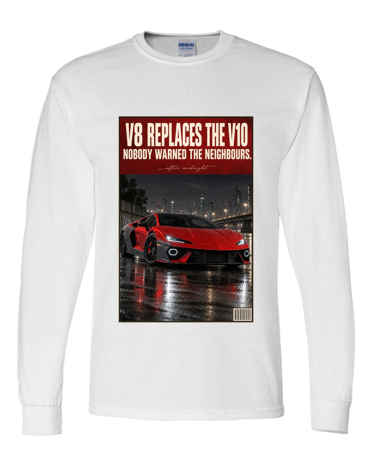 Night street print of the Lamborghini Temerario white long sleeve front view with the design