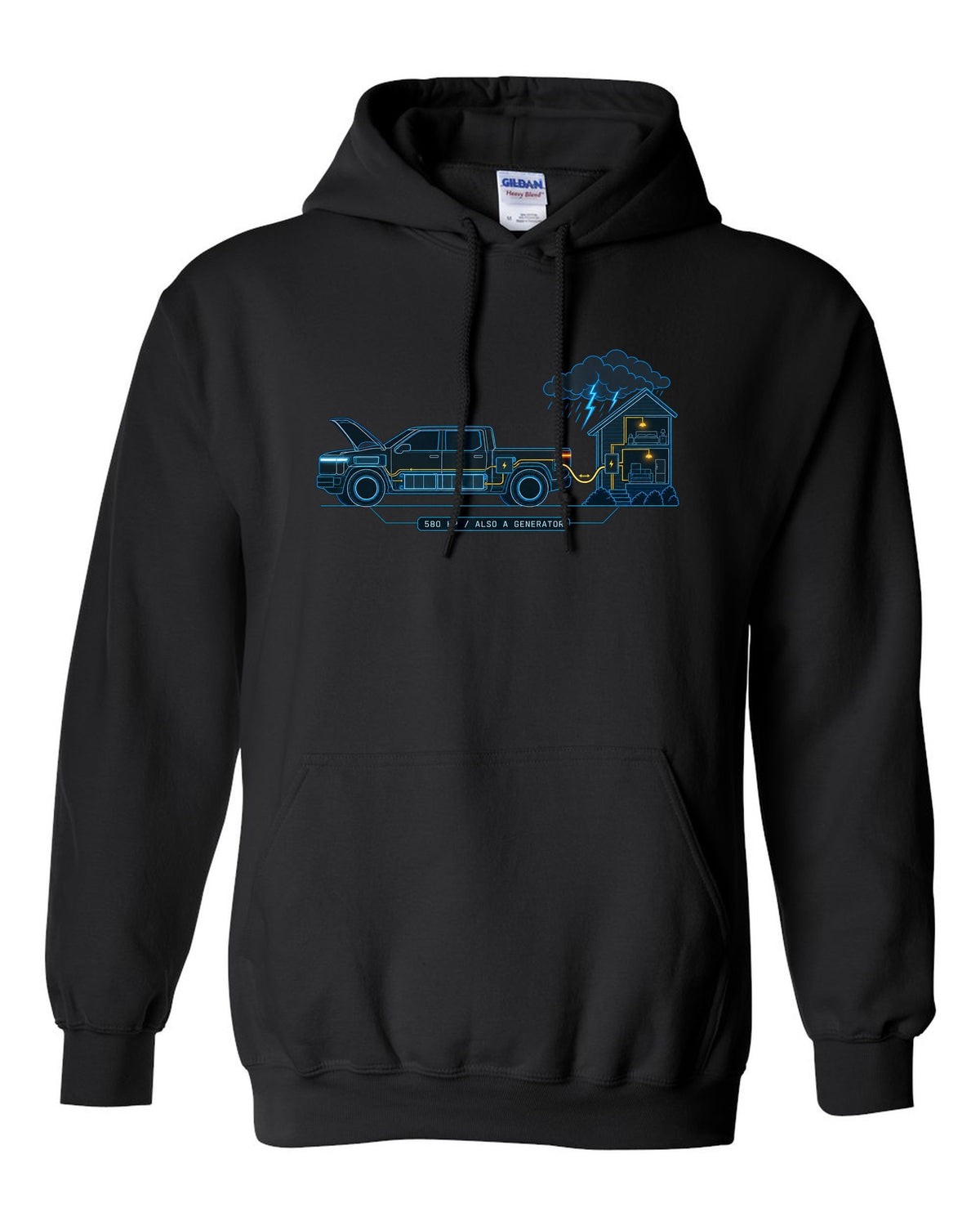 Ford F-150 Lightning electrical schematic diagram print with 580 HP and generator text black pull over hoodie front view with the design