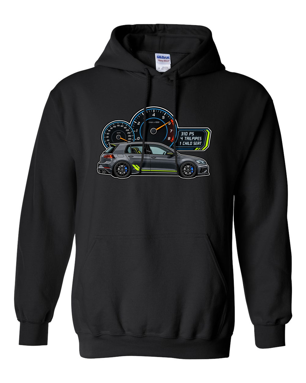 Gauge cluster style print for a VW Golf R Mk7.5 showing 310 PS 4 tailpipes 1 child seat black pull over hoodie front view with the design