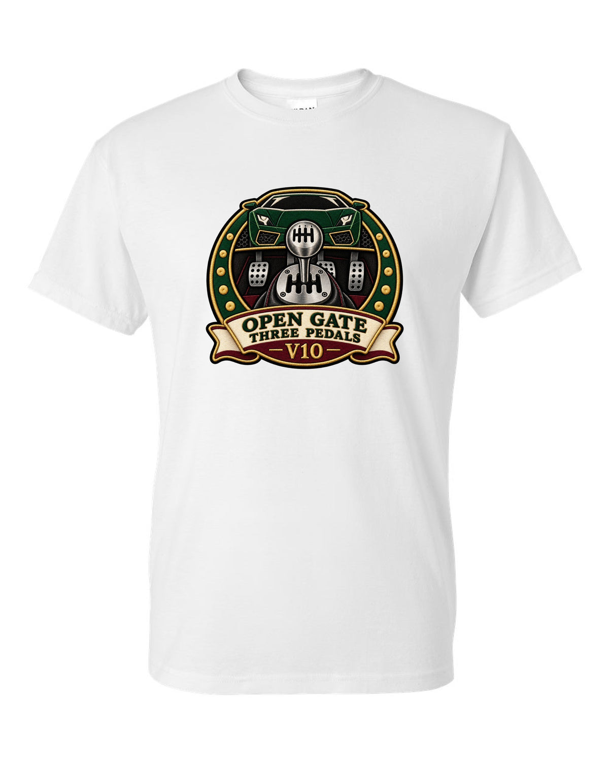 Embroidery-style crest of a 2004 Lamborghini Gallardo gated six-speed with open gate text white t-shirt front view with the design