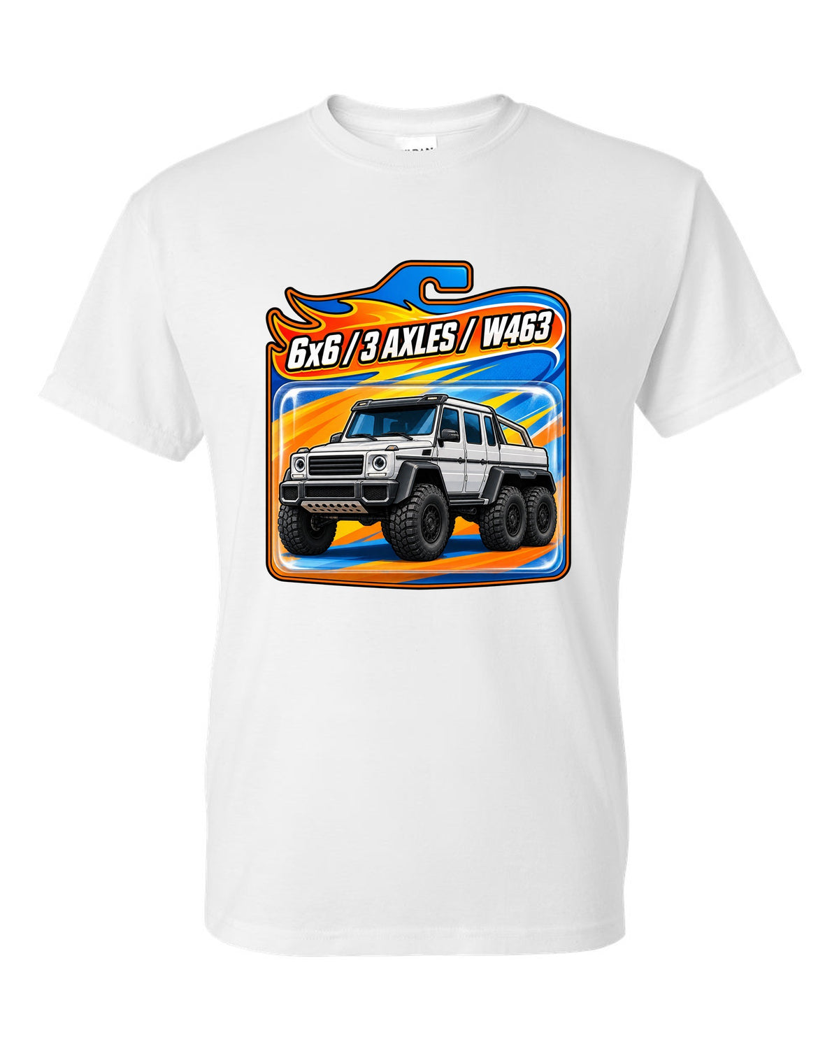 Toy blister card graphic of a Mercedes G63 6x6 W463 with three axles, print white t-shirt front view with the design