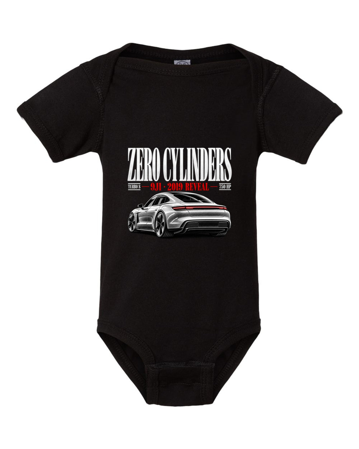Porsche Taycan Turbo S 9J1 editorial headline with zero cylinders, 2019 reveal, 750 HP black baby onesie front view with the design