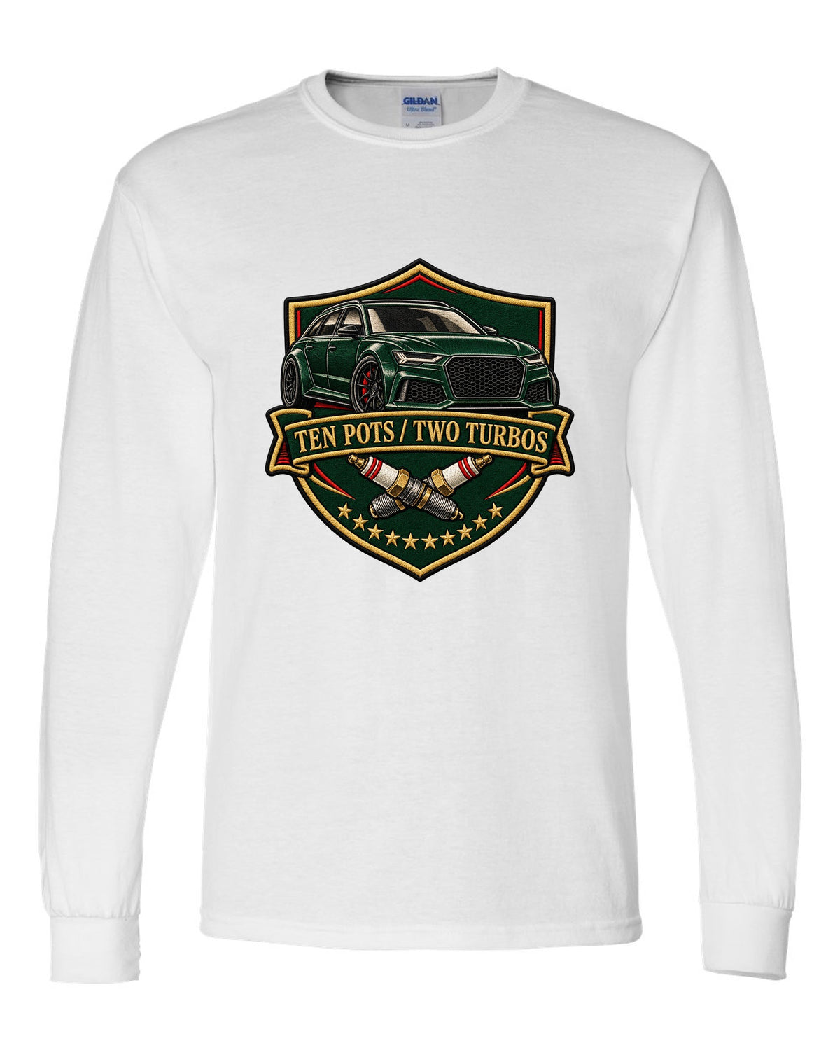 Varsity-style crest design of the Audi RS6 Avant C6 4F with ten pots two turbos lettering white long sleeve front view with the design