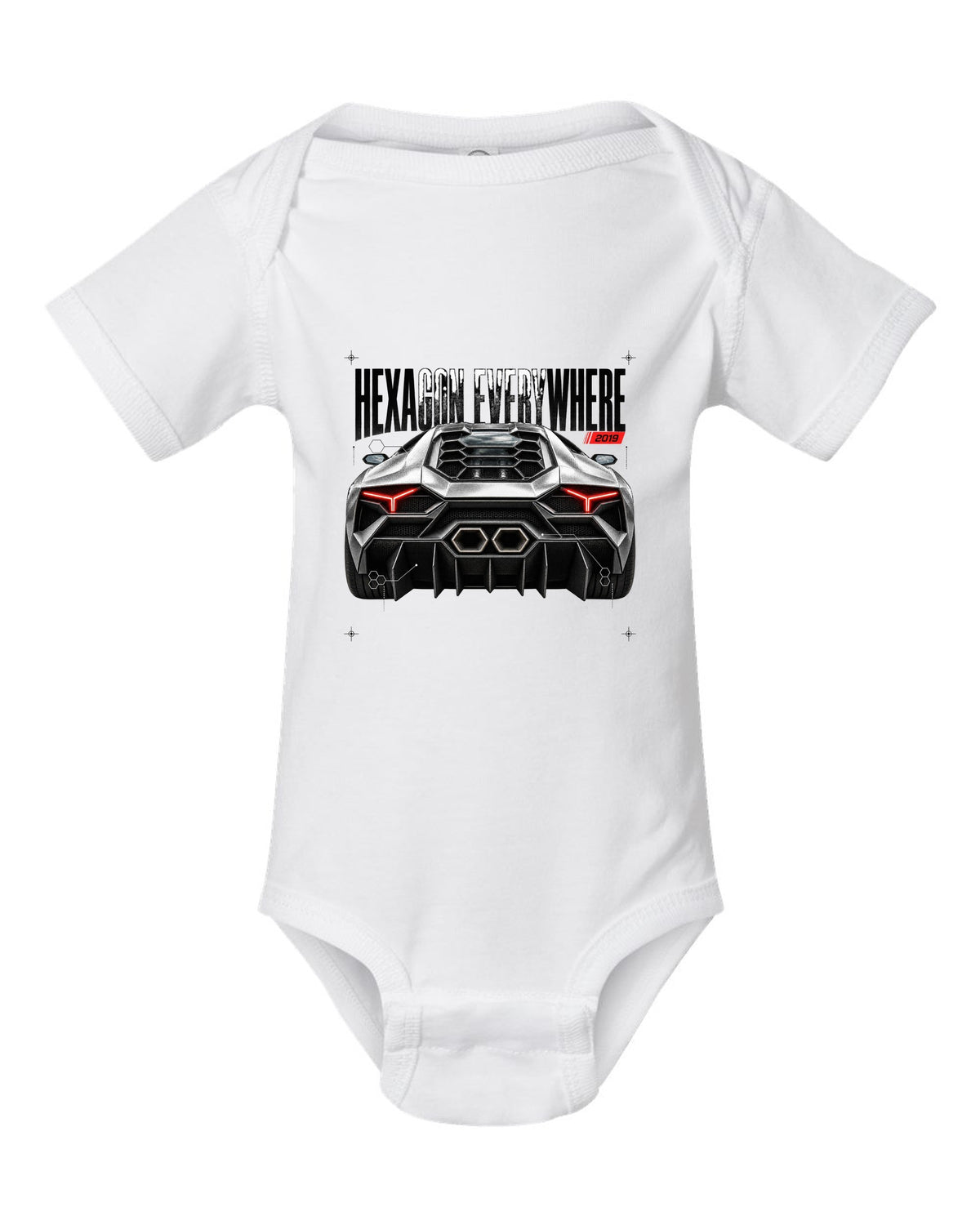 Detail macro print of a Lamborghini Huracan Evo LP640-4 with Hexagon Everywhere text white baby onesie front view with the design