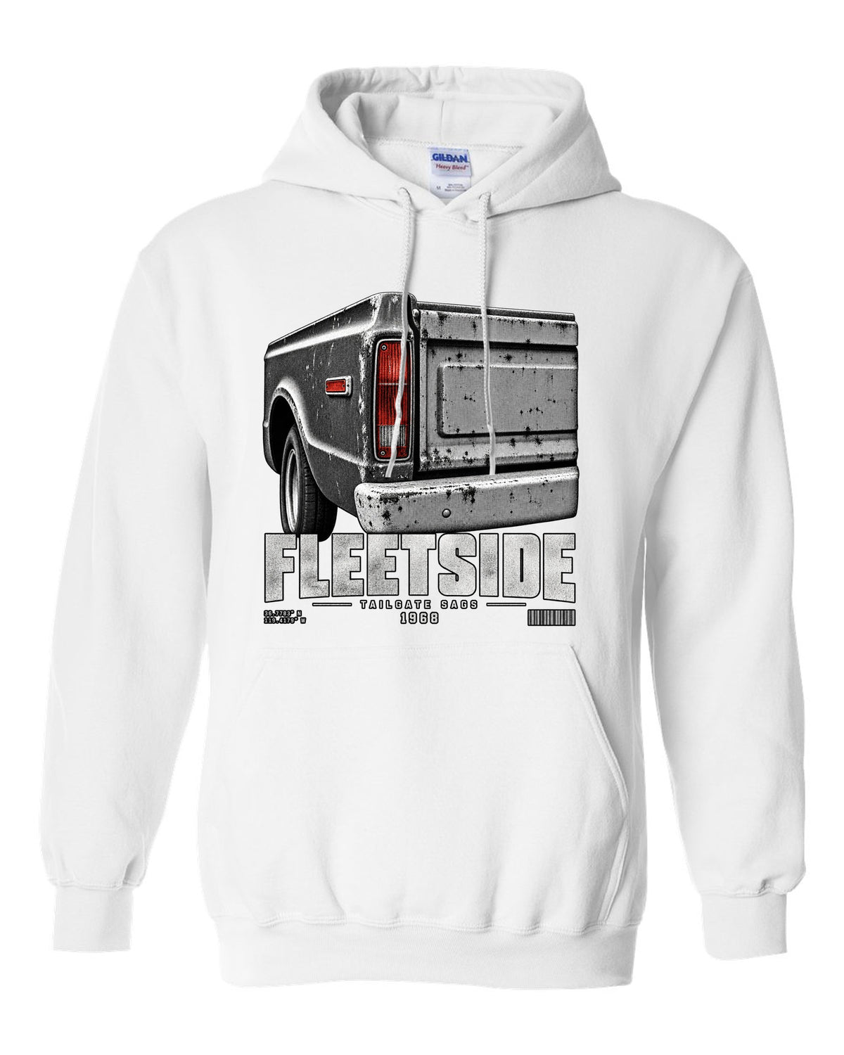 Close-up of a 1968 Chevy C10 Fleetside taillight and tailgate, print white pull over hoodie front view with the design