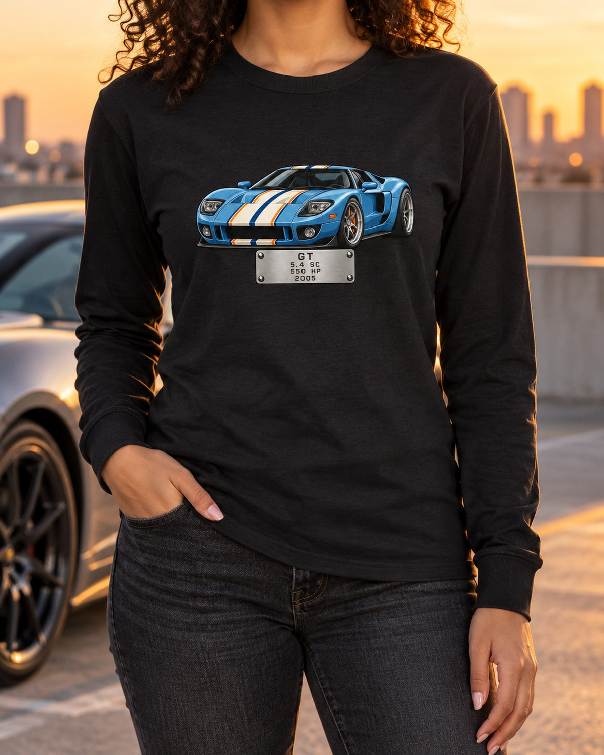 Ford GT 2005 Data Plate Shirt, 5.4 Supercharged Car Guy Tee Long Sleeve Black worn hero