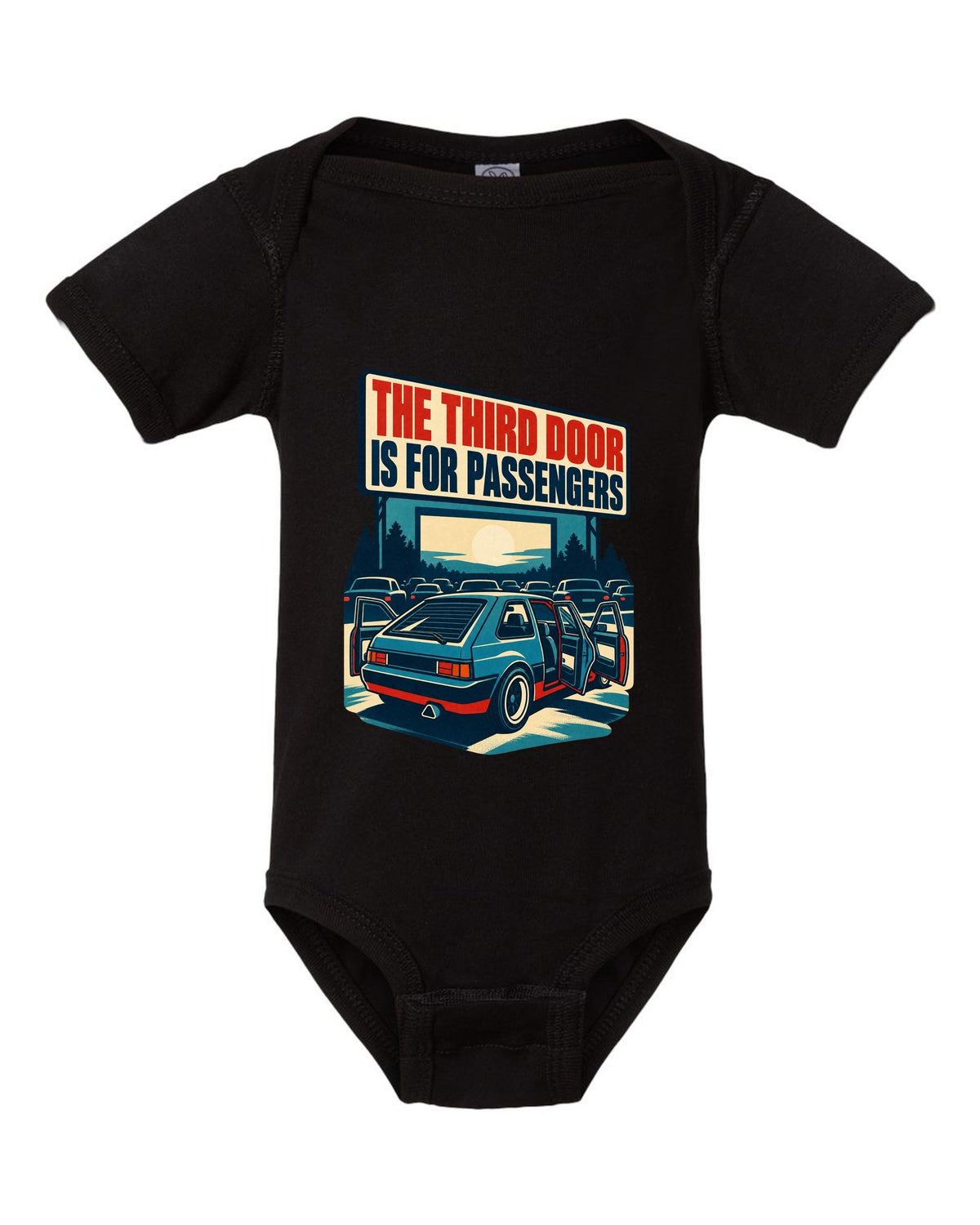1960s litho race poster print of a Hyundai Veloster N JS with third door text black baby onesie front view with the design