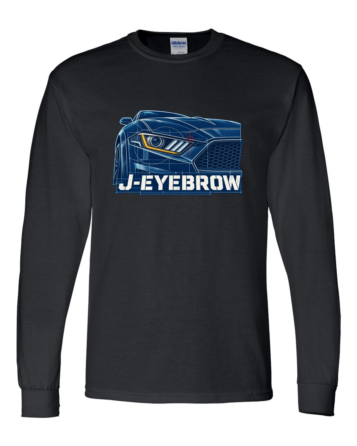 Cyanotype blueprint of a 2015-2023 S550 Ford Mustang fastback with J-Eyebrow label black long sleeve front view with the design