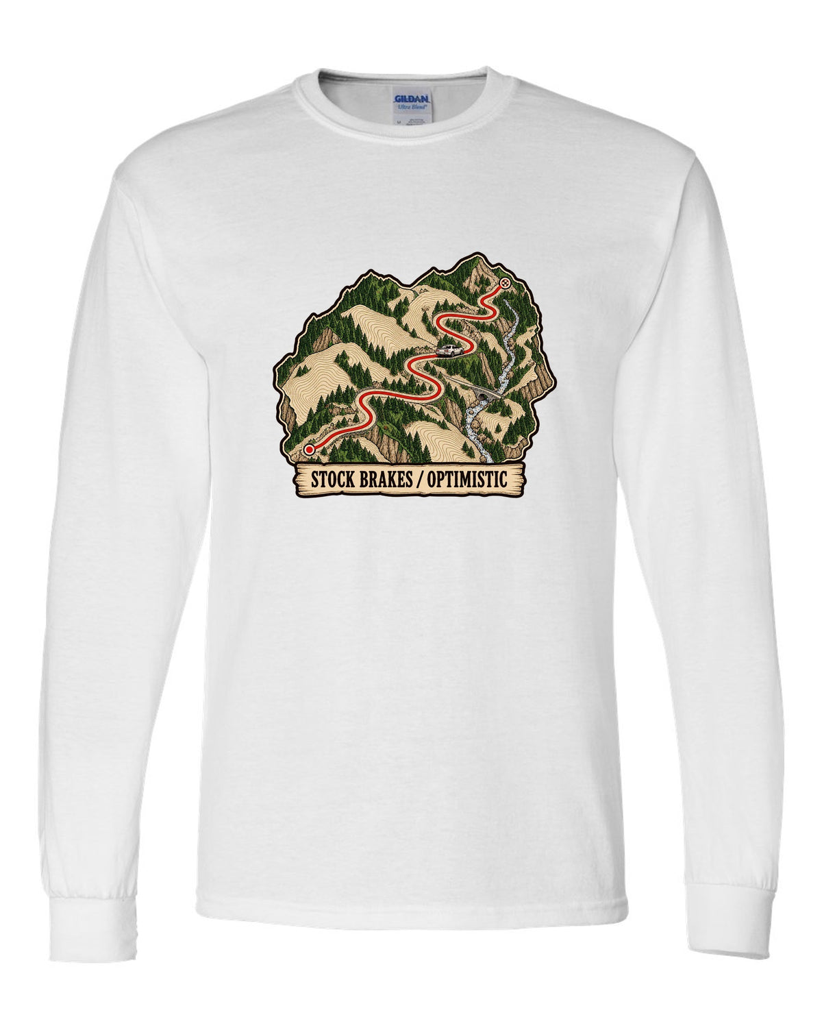 Topographic route map print of a mountain pass for the Nissan Skyline GT-R R32 BNR32 white long sleeve front view with the design