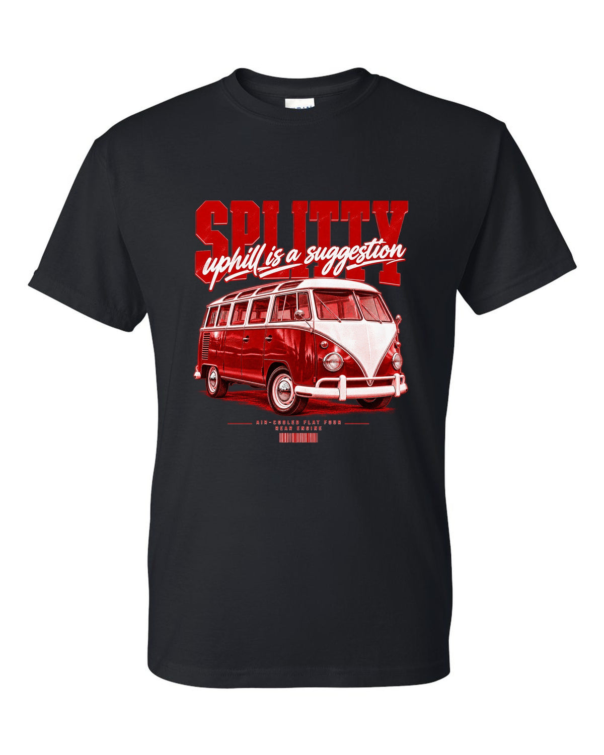 Street poster print of a 1963 VW T1 split-window bus with air-cooled flat-four text black t-shirt front view with the design