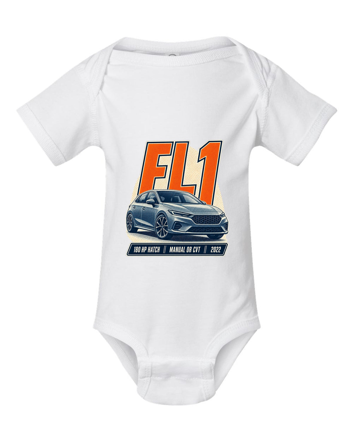 Honda Civic chback FL1 halftone front three-quarter print white baby onesie front view with the design