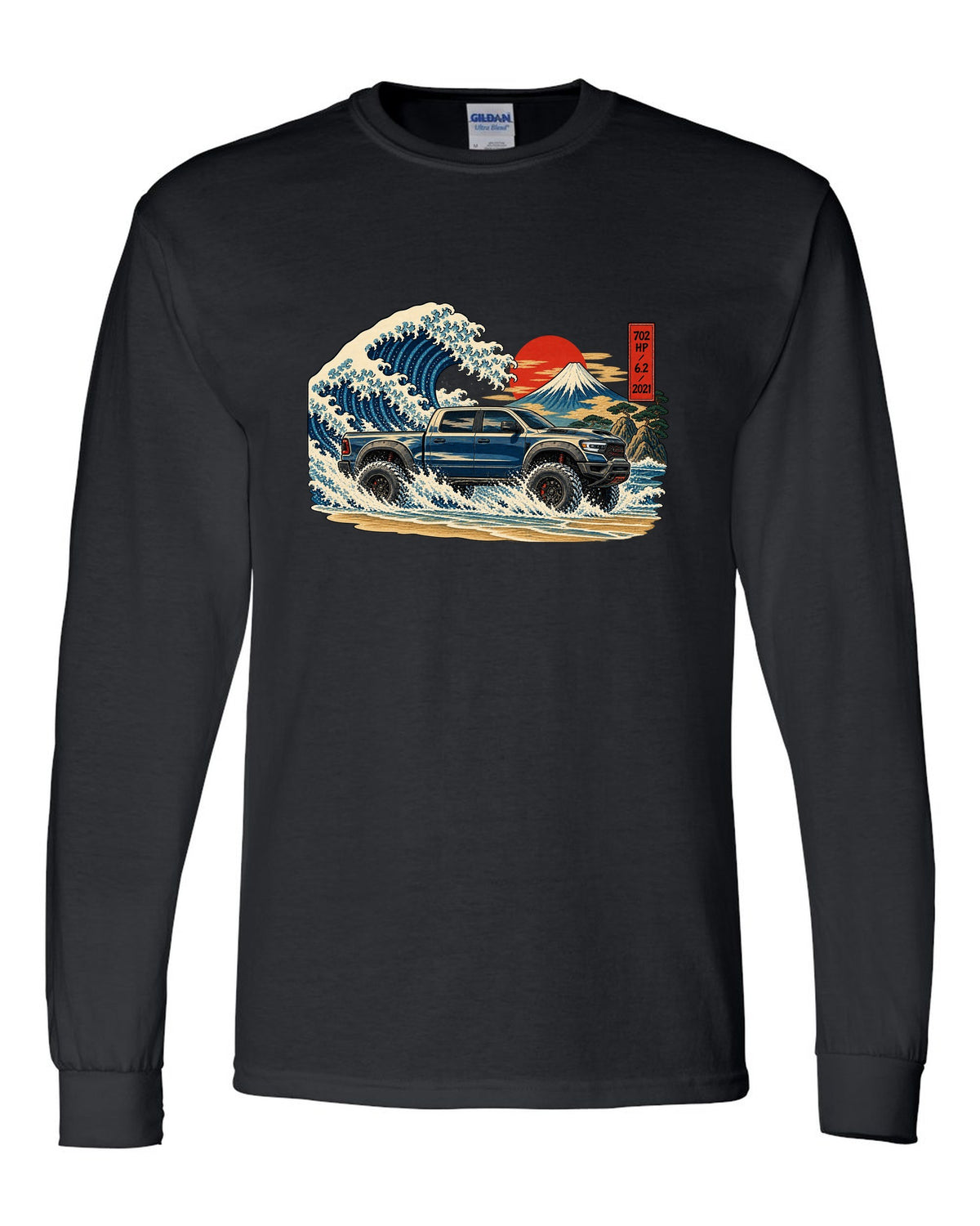 Ukiyo-e great wave woodblock print of a 2021-2024 Ram 1500 TRX with 702 HP 6.2 2021 text black long sleeve front view with the design