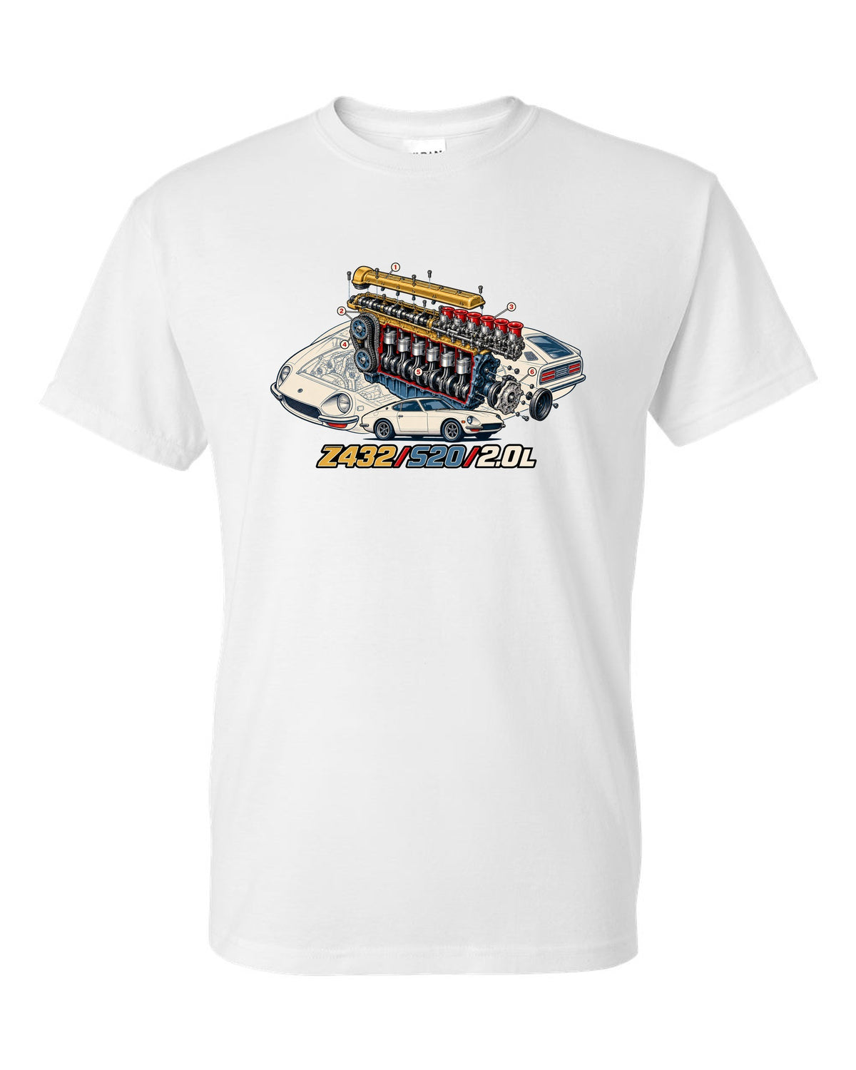 Exploded cutaway engine print for the Z432 with S20 2.0L lettering white t-shirt front view with the design