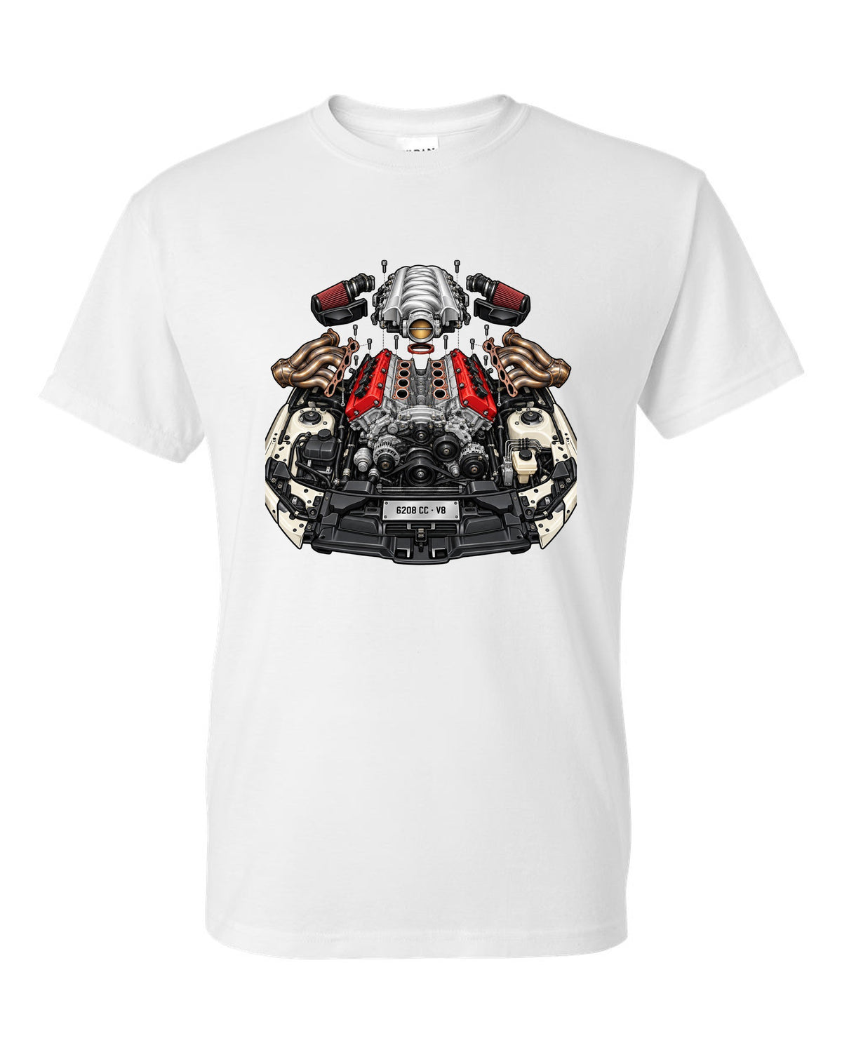 Exploded cutaway illustration of a Mercedes AMG M156 6.2 V8 engine white t-shirt front view with the design